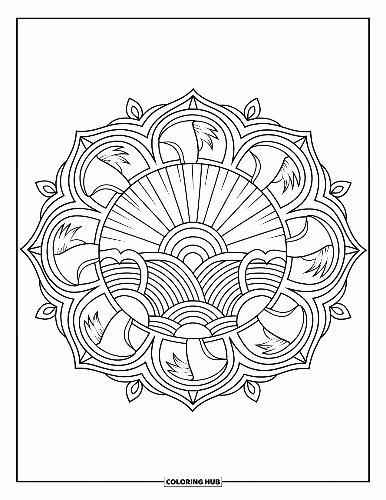 Desen de colorat cu apus de soare pentru adulți: Păsări și raze se repetă într-o mandala pașnică cu tematică de apus