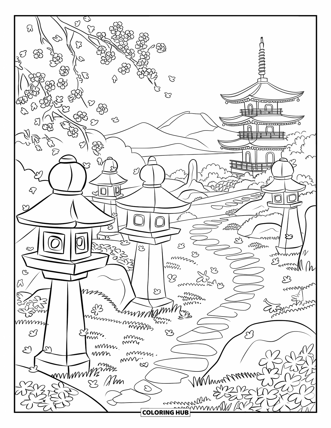 Desen de colorat cu apus de soare pentru adulți: Flori de cireș plutesc în jurul unei poteci de pagodă într-o grădină liniștită