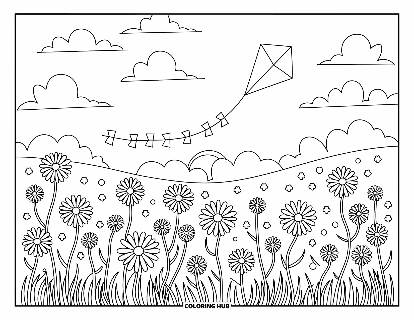 Desen de colorat cu apus de soare pentru adulți: Margaretele dansează în vânt în timp ce un singur zmeu plutește lângă nori pufoși