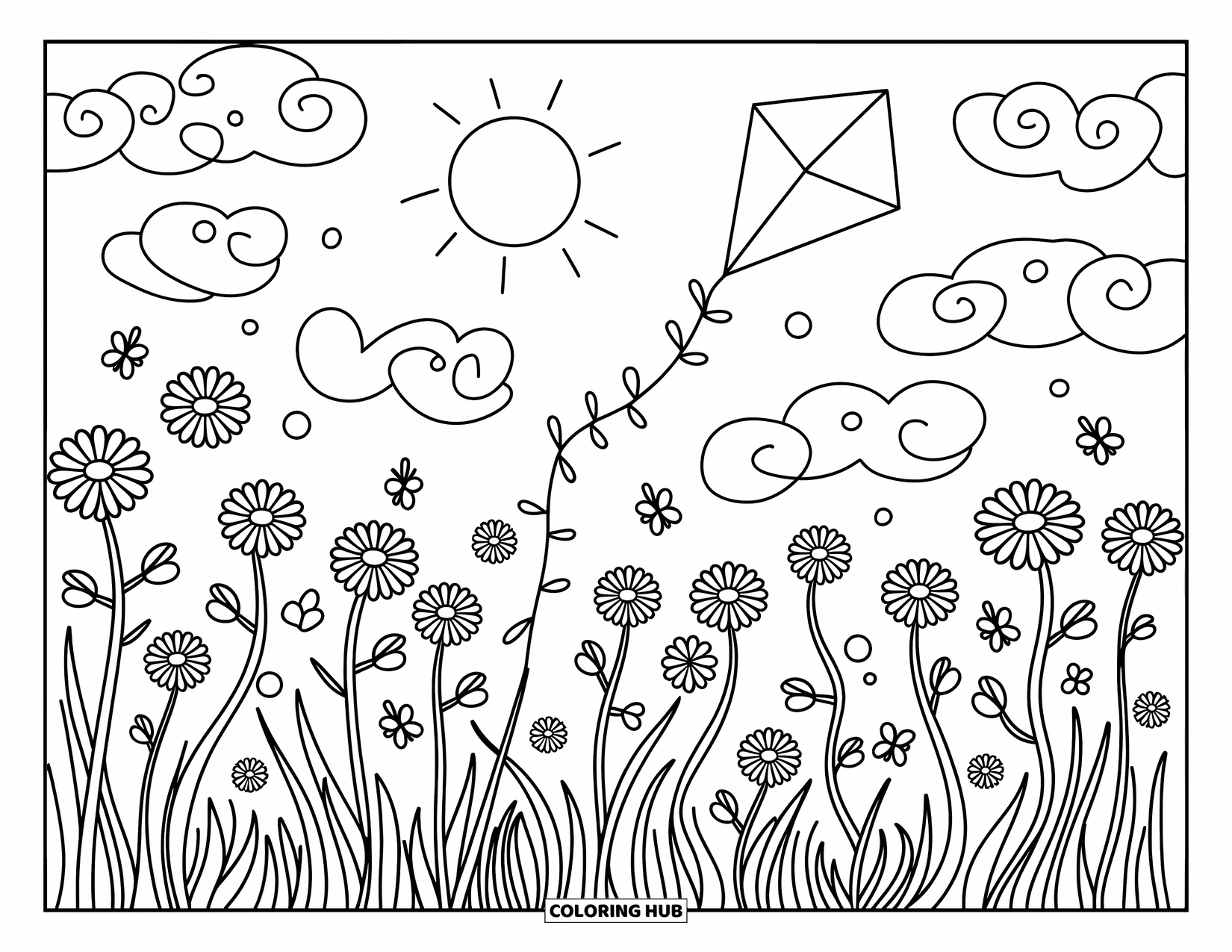 Desen de colorat cu apus de soare pentru adulți: Margaretele se leagănă într-o pajiște în timp ce un zmeu plutește sub un apus strălucitor