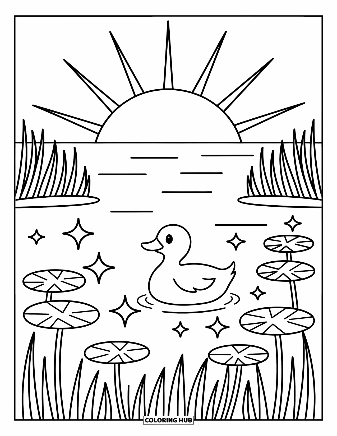 Desen de colorat cu apus de soare pentru adulți: Scântei blânde plutesc deasupra nuferilor în timp ce o rață înoată la apus