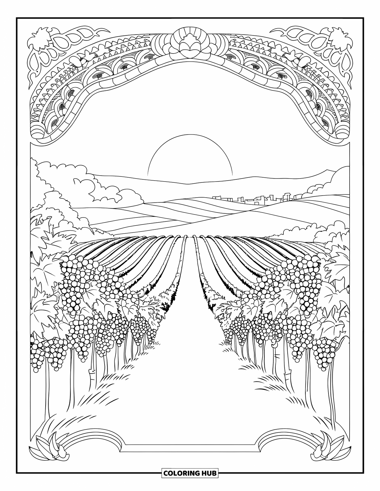 Desen de colorat cu apus de soare pentru adulți: Viță de vie și orașe îndepărtate umplu o scenă de viță de vie modelată la amurg