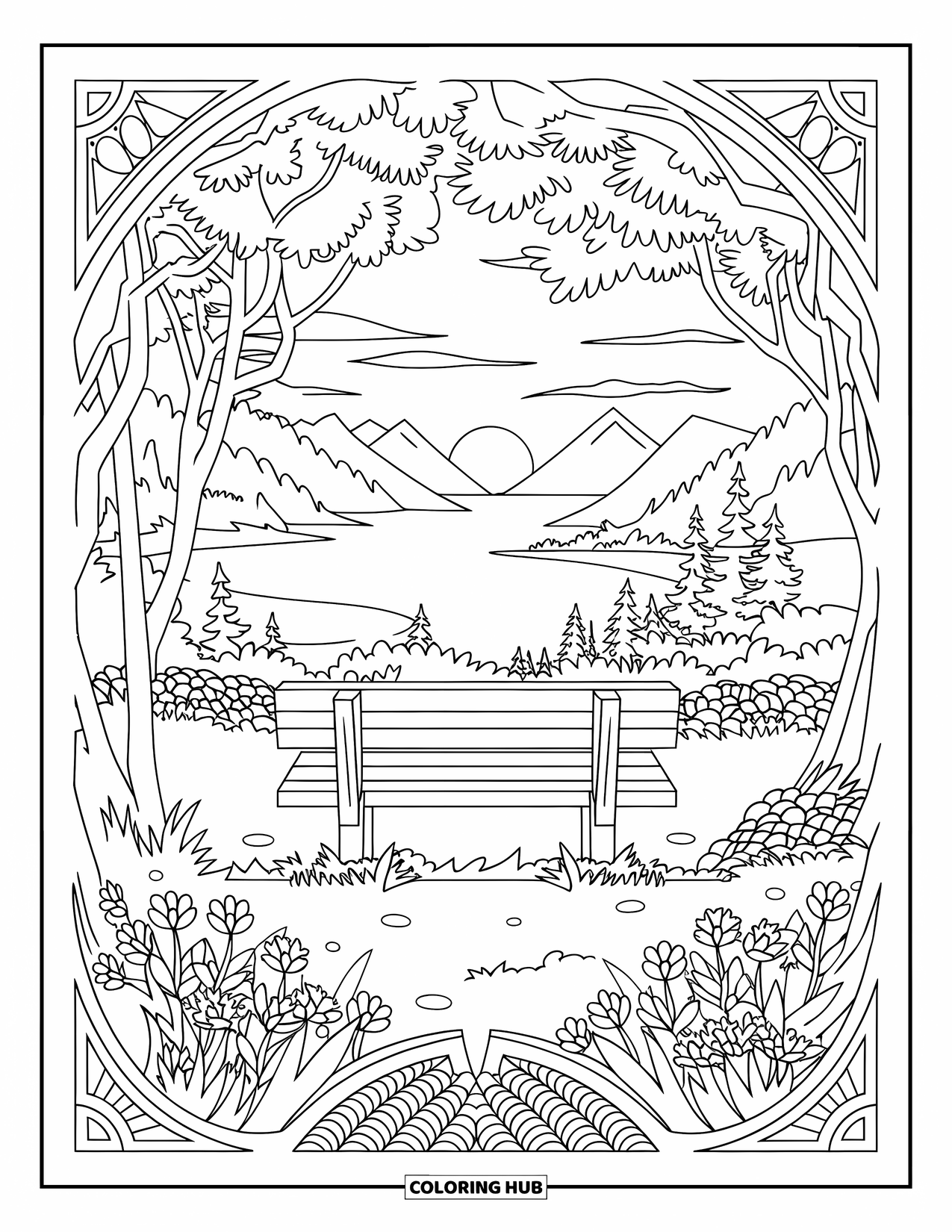 Desen de colorat cu apus de soare pentru adulți: Munți și apă se întind dincolo de o priveliște de bancă la apus