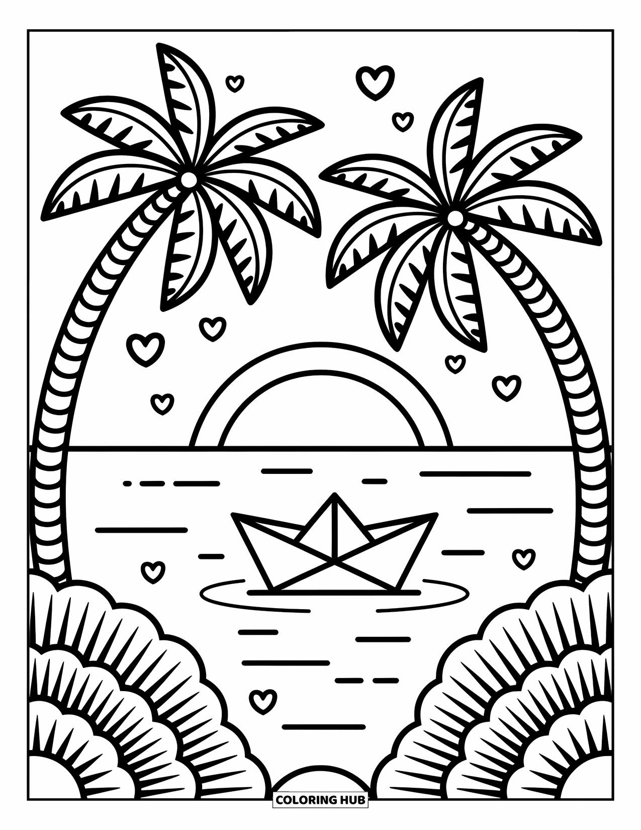 Desen de colorat cu apus de soare pentru adulți: Palmieri se leagănă lângă o barcă mică de hârtie care plutește în marea apusului
