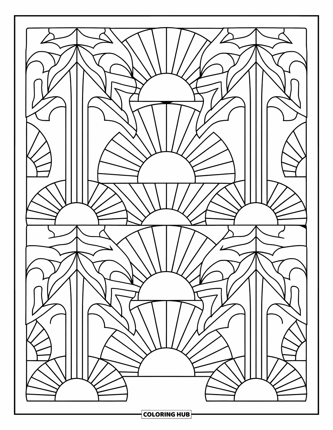 Desen de colorat cu apus de soare pentru adulți: Palmieri stilizați și jumătăți de soare formează un design tropical de apus