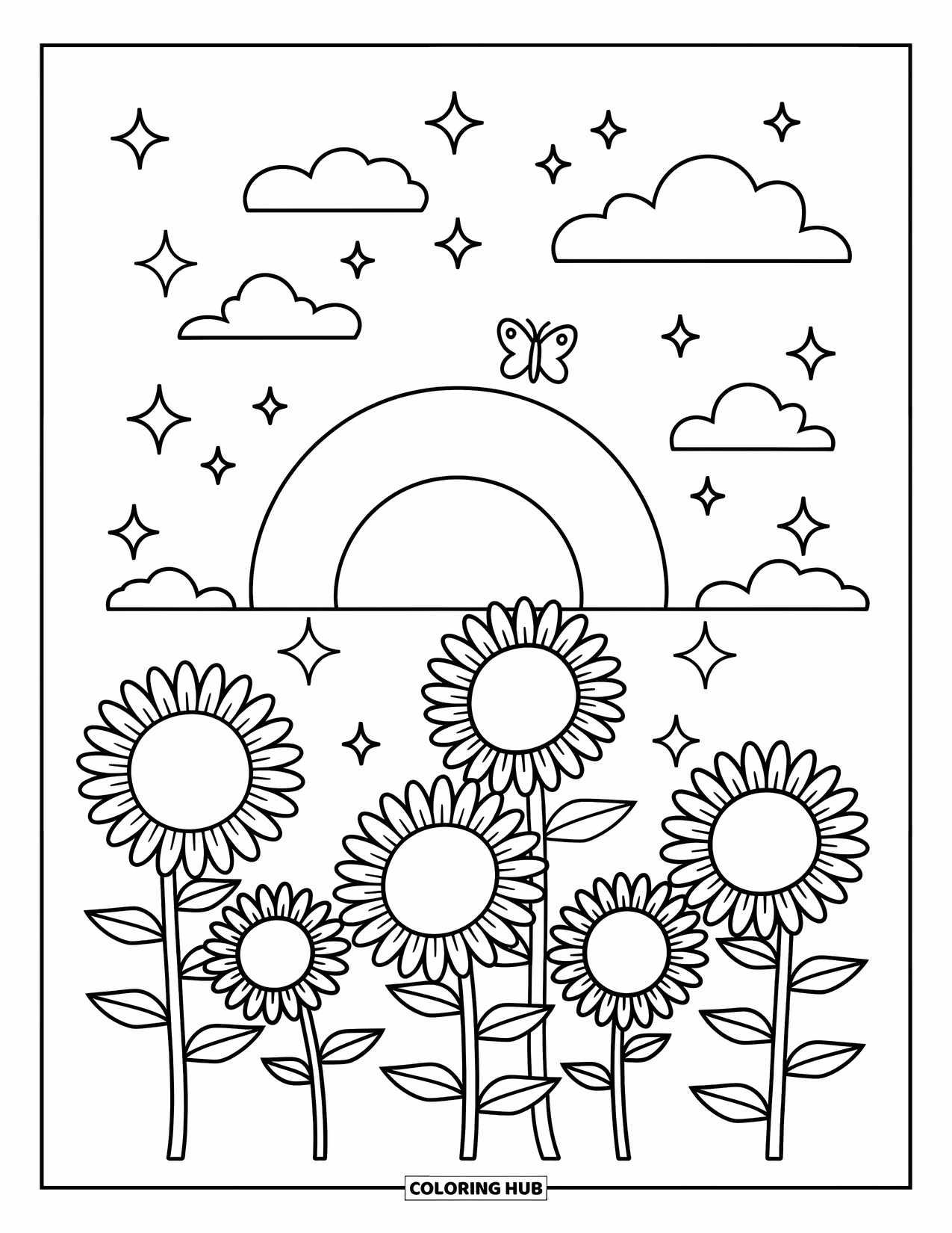 Desen de colorat cu apus de soare pentru adulți: Florile-soarelui se întind spre cer în timp ce un fluture flutură deasupra