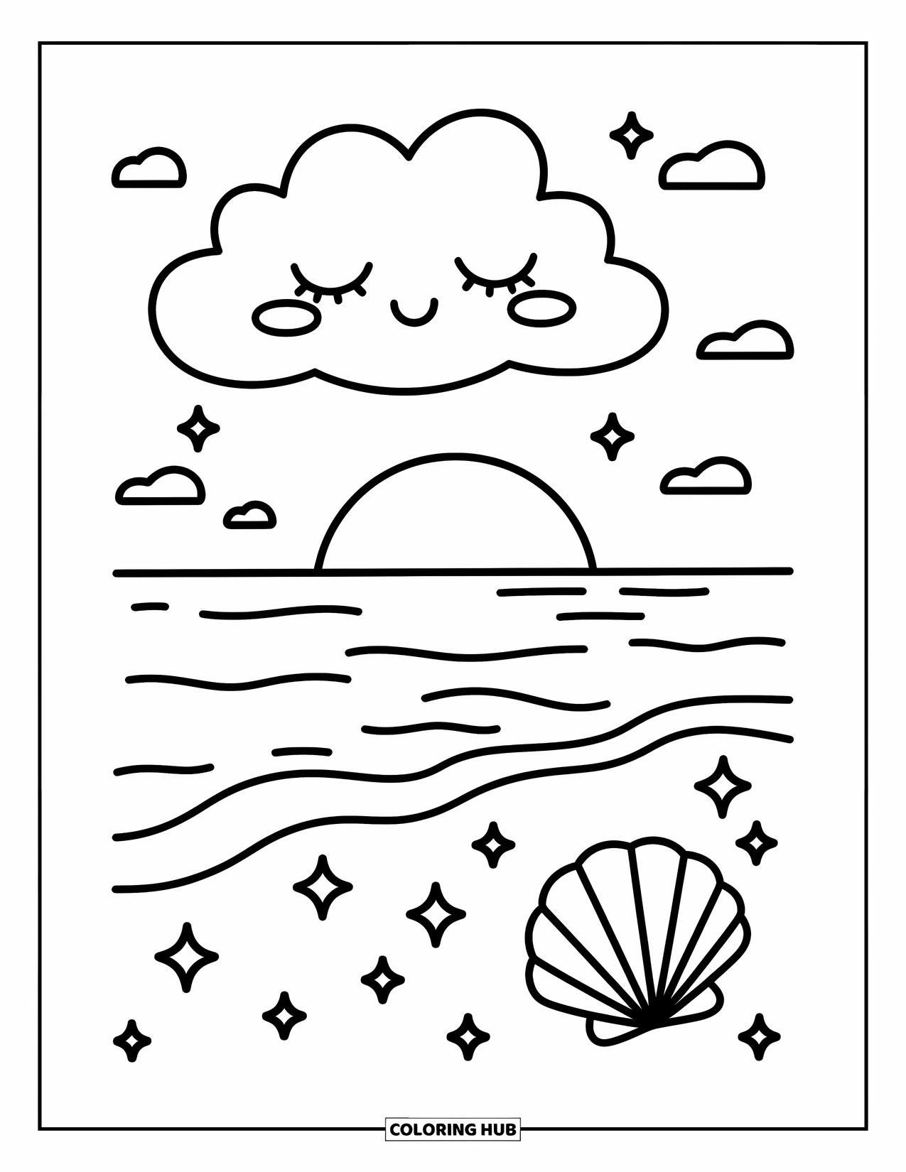 Desen de colorat cu apus de soare pentru adulți: Soarele apune peste ape calme în timp ce un nor somnoros privește de sus