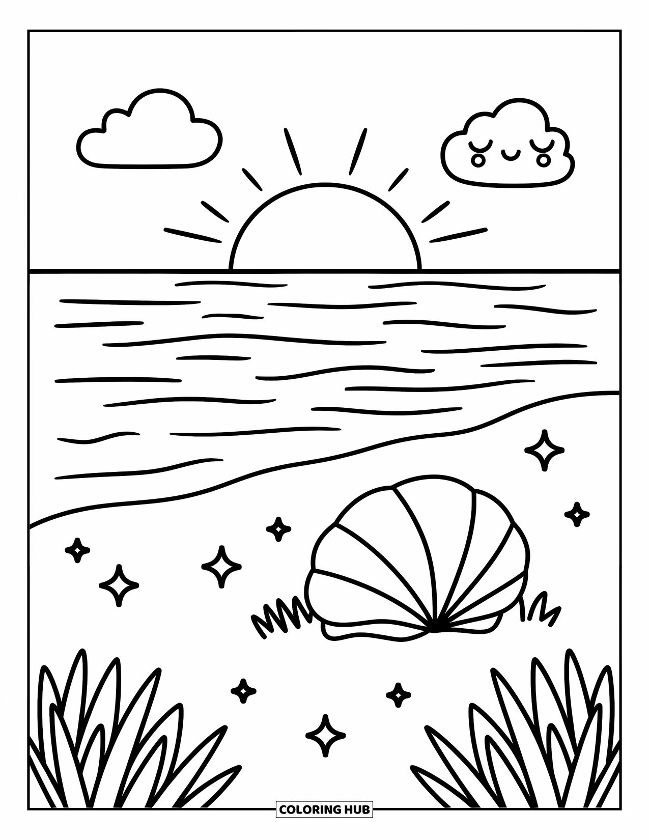 Desen de colorat cu apus de soare pentru adulți: Soarele apune peste valuri blânde în timp ce un nor somnoros plutește deasupra