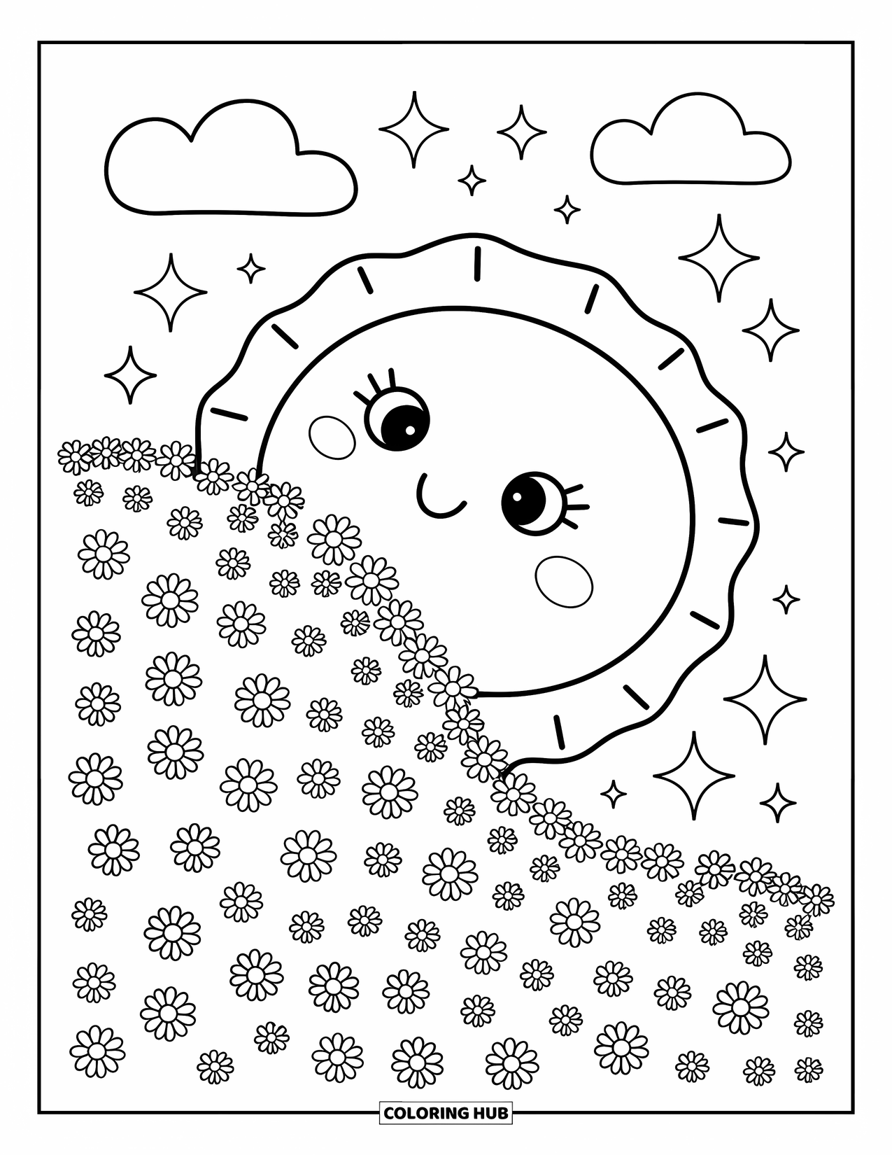 Desen de colorat cu apus de soare pentru adulți: Stele sclipitoare strălucesc în timp ce un soare fericit coboară în spatele unui deal acoperit cu flori