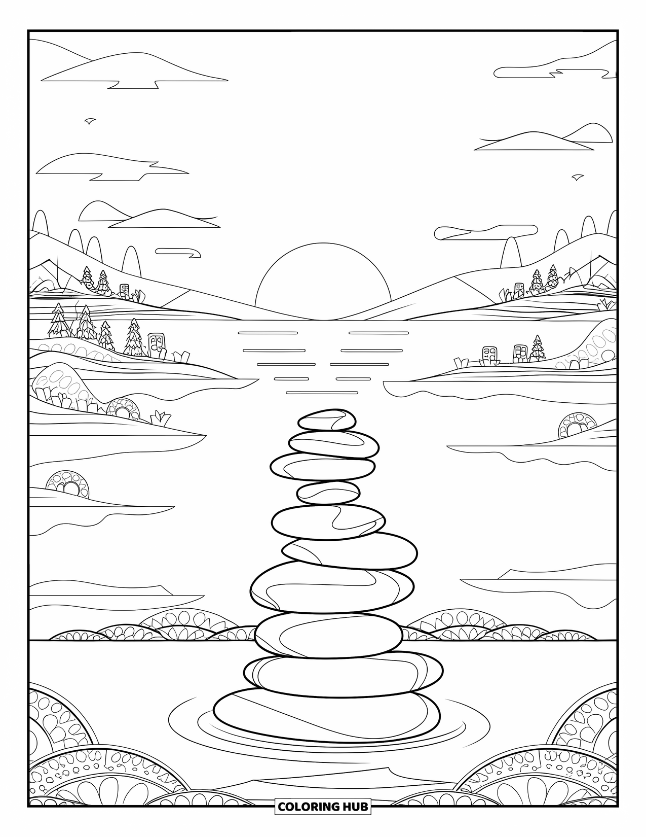 Desen de colorat cu apus de soare pentru adulți: Pietre zen și valuri întâlnesc o priveliște montană sub un soare care apune