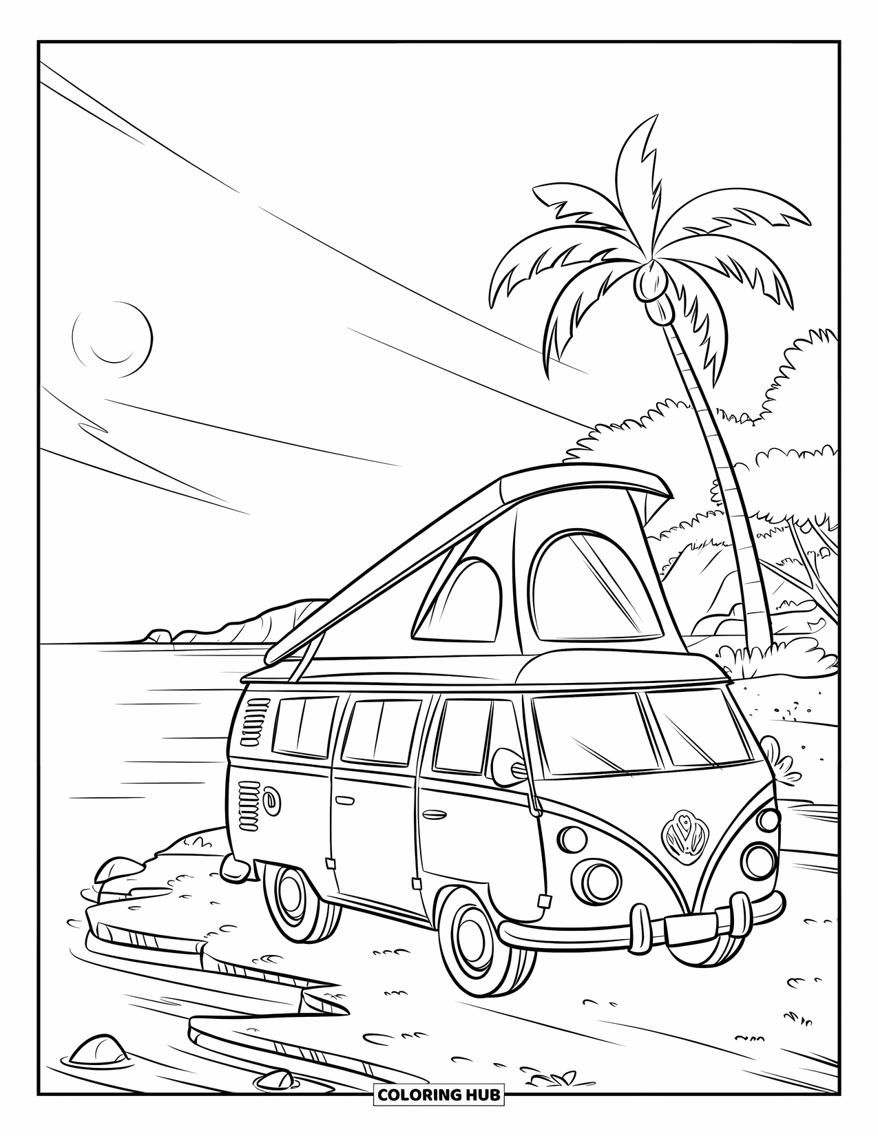 Desen de colorat cu apus de soare pentru copii: O furgonetă camper pe plajă se bucură de priveliștea calmă a apusului