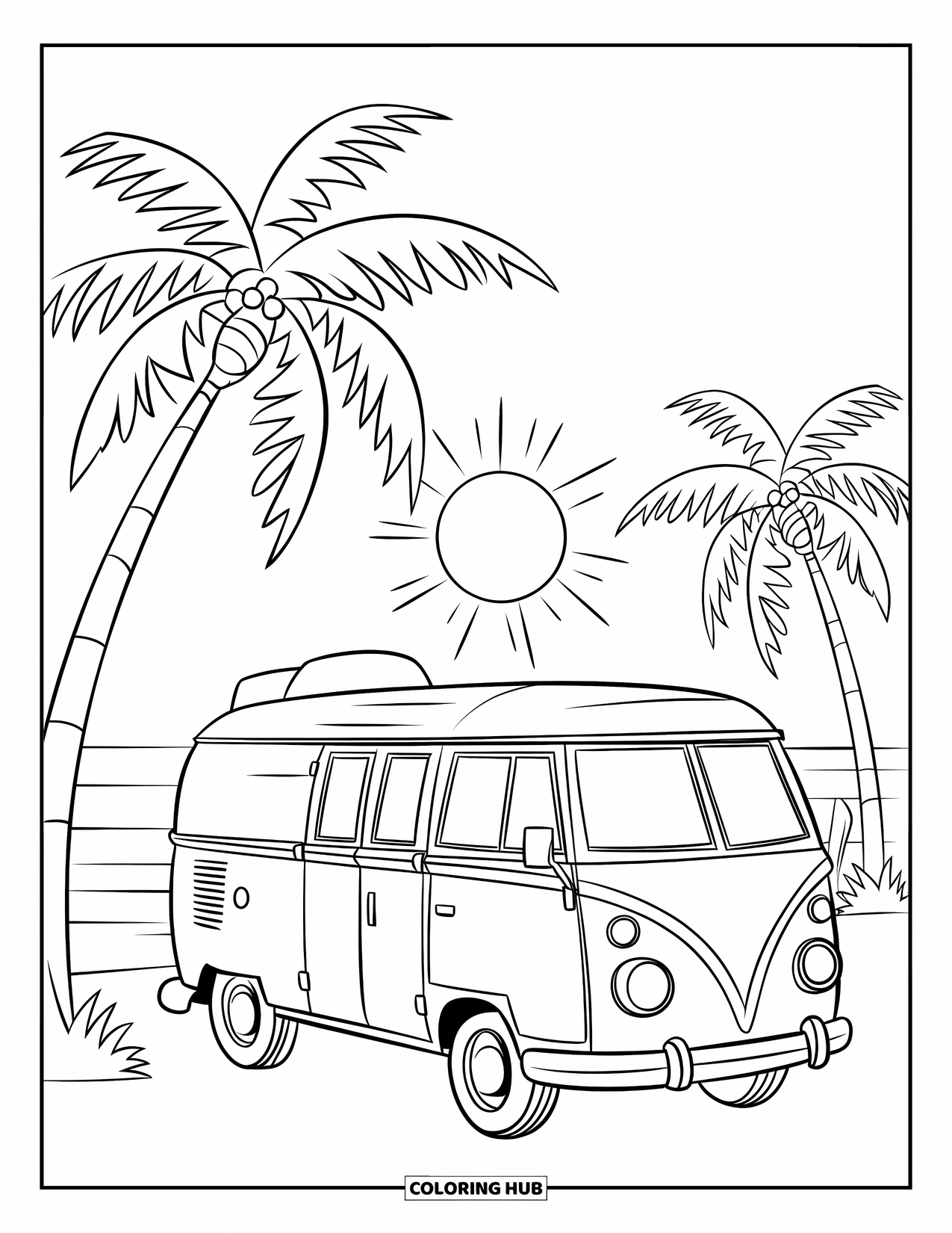 Desen de colorat cu apus de soare pentru copii: O furgonetă camper lângă plajă se odihnește sub palmieri și un cer de apus