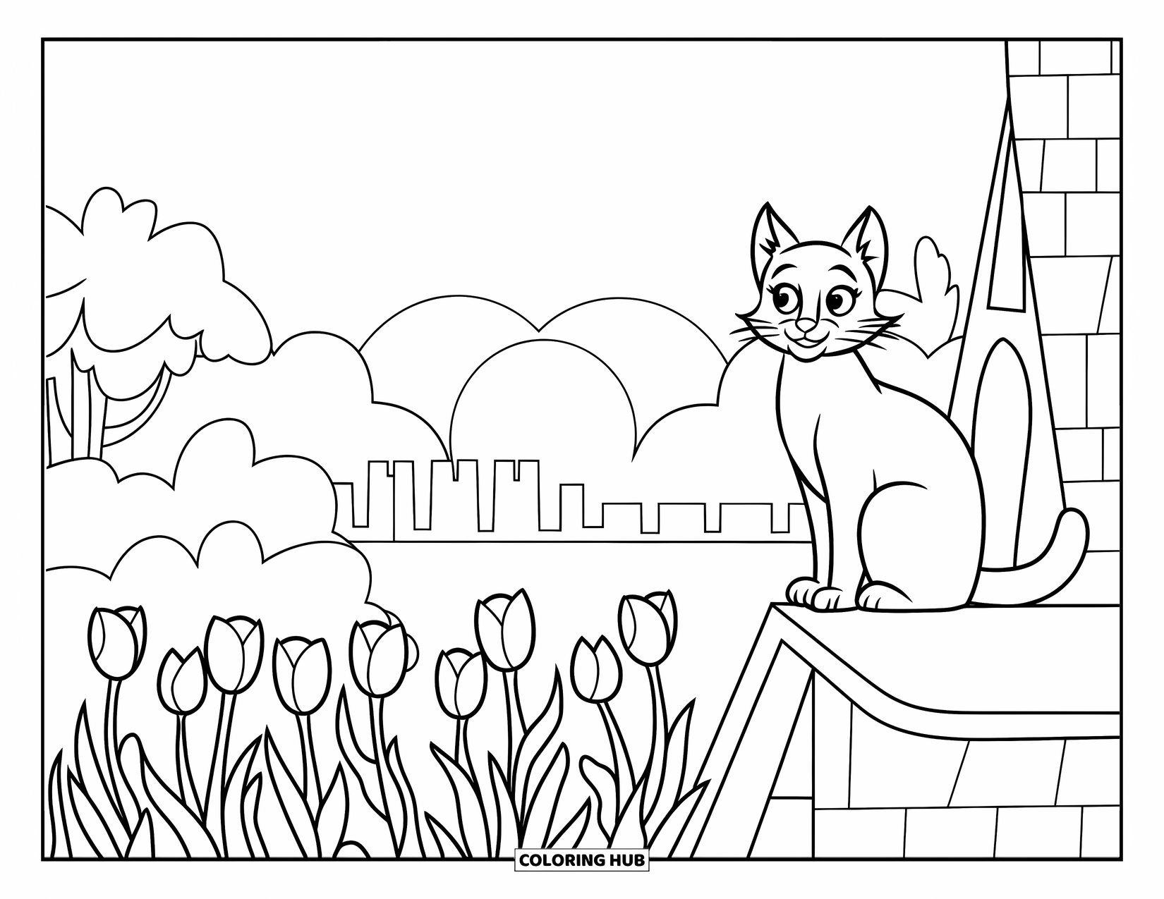 Desen de colorat cu apus de soare pentru copii: O pisică stă pe un acoperiș, privind lalelele și o priveliște a apusului