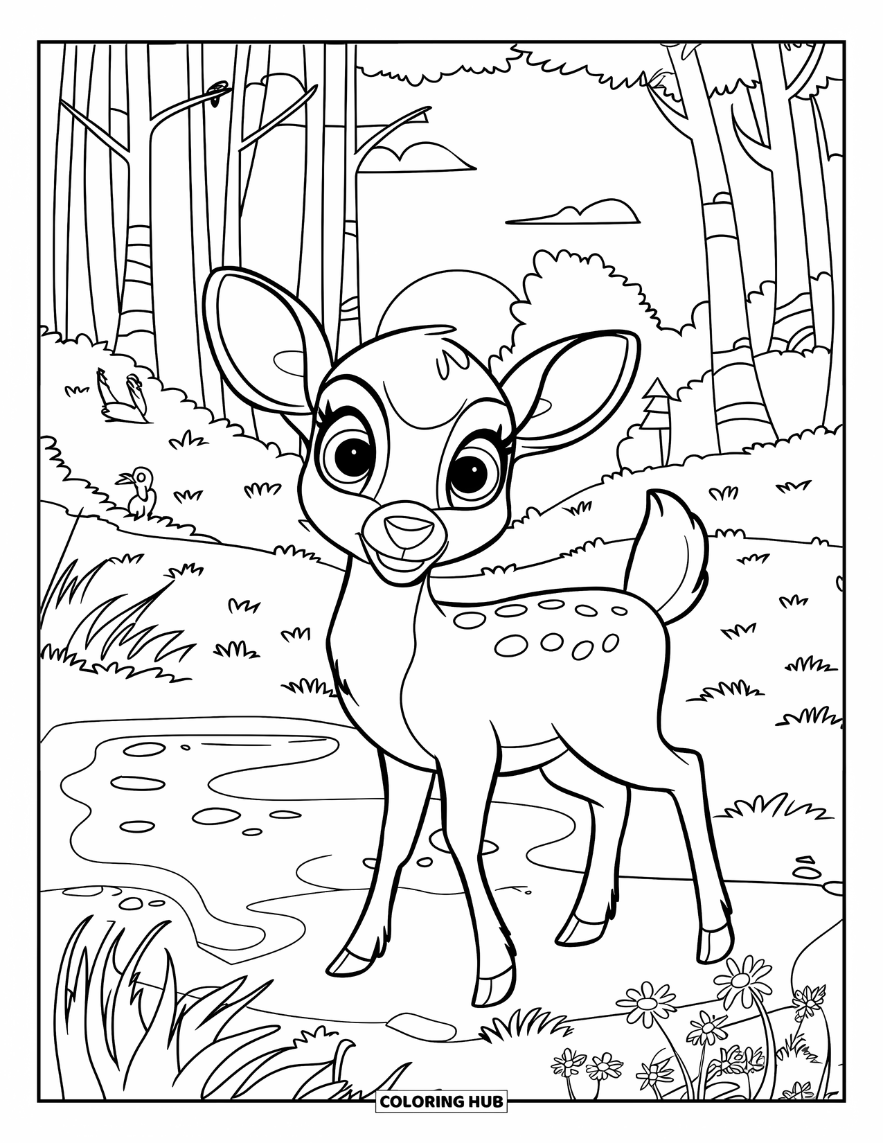 Desen de colorat cu apus de soare pentru copii: Un cerb drăguț stă într-o poiană, urmărind apusul prin copaci