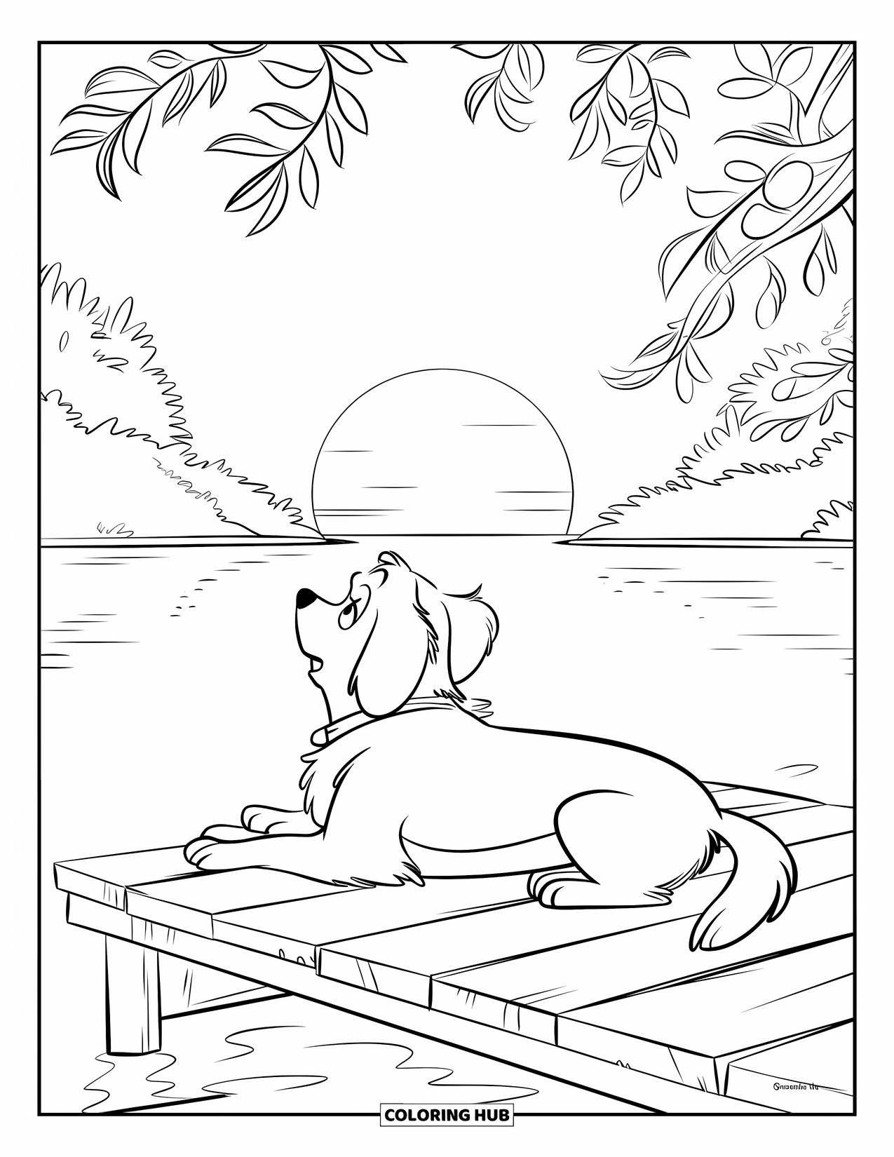 Desen de colorat cu apus de soare pentru copii: Un câine cu o zgardă lenevește pe un doc, în timp ce soarele coboară