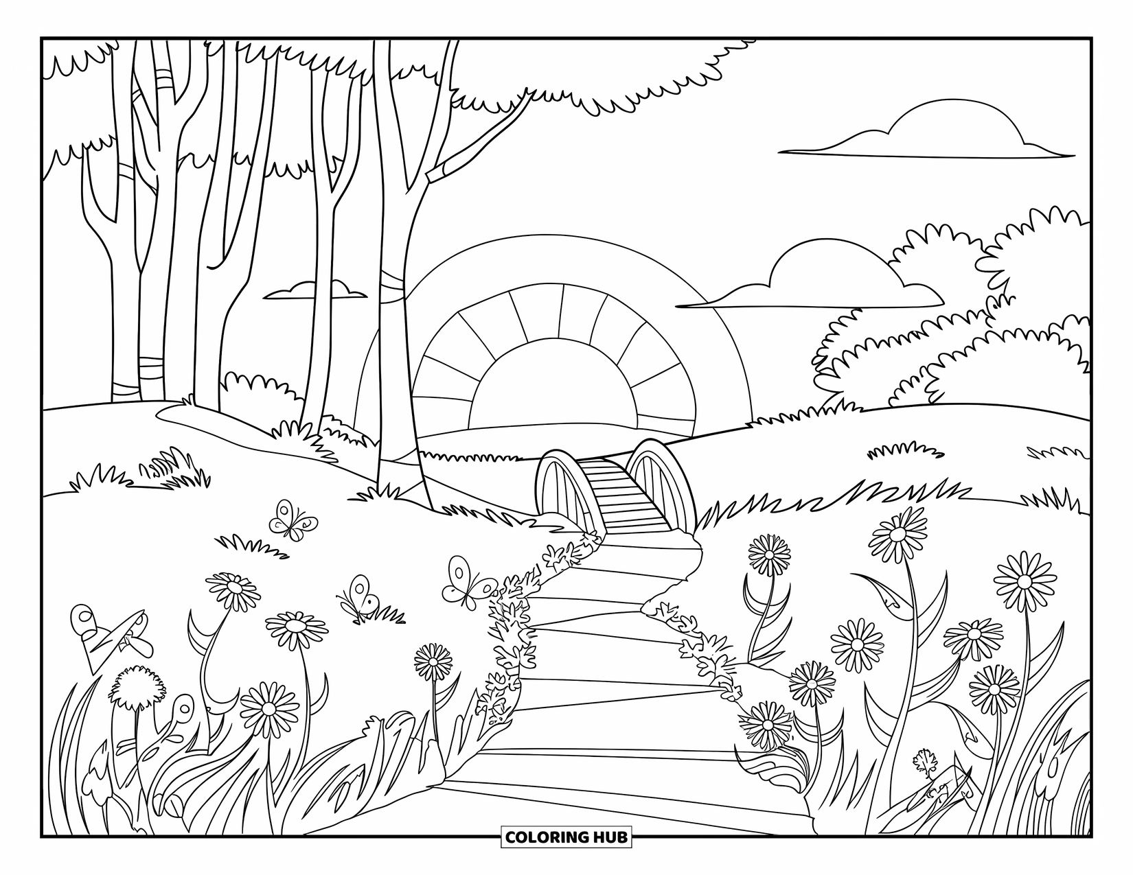 Desen de colorat cu apus de soare pentru copii: O potecă cu flori duce la un pod de lemn sub un apus blând