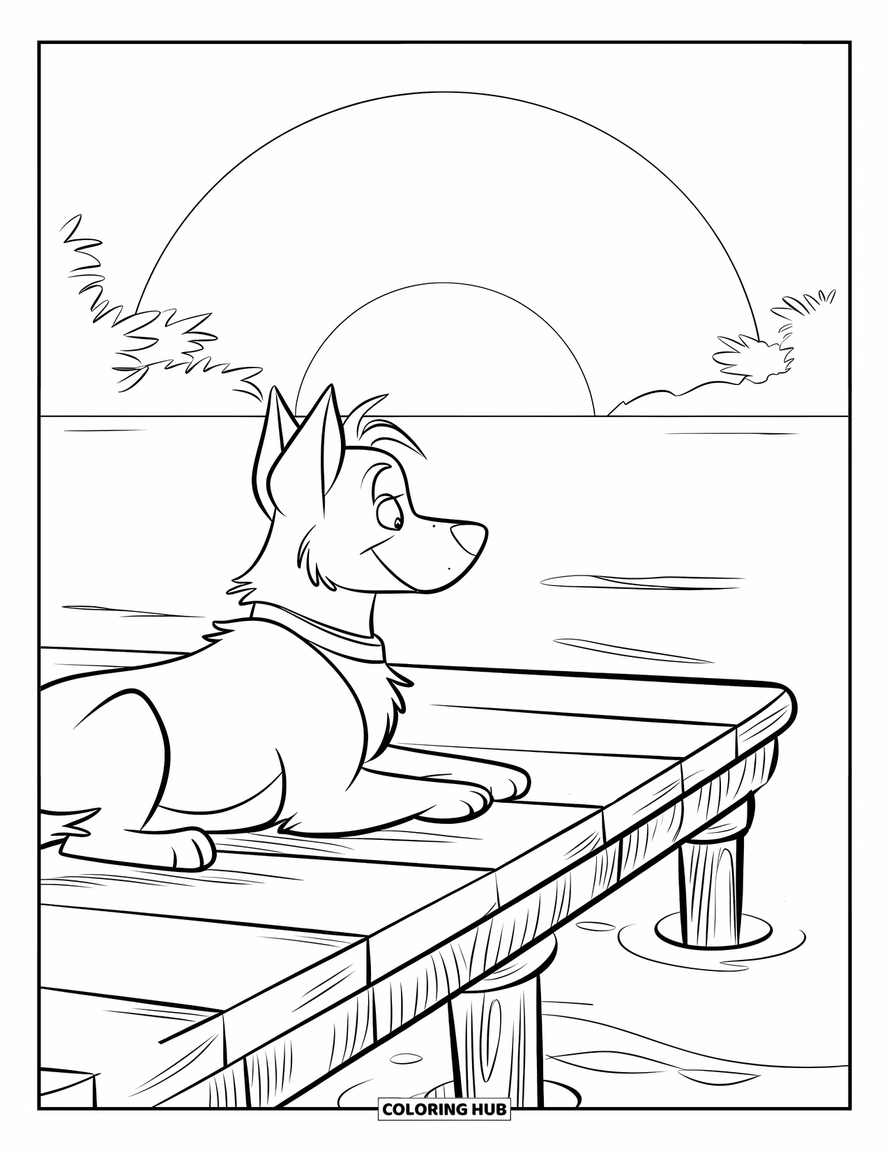 Desen de colorat cu apus de soare pentru copii: Un câine pufos stă întins pe un doc, urmărind apusul peste ape calme