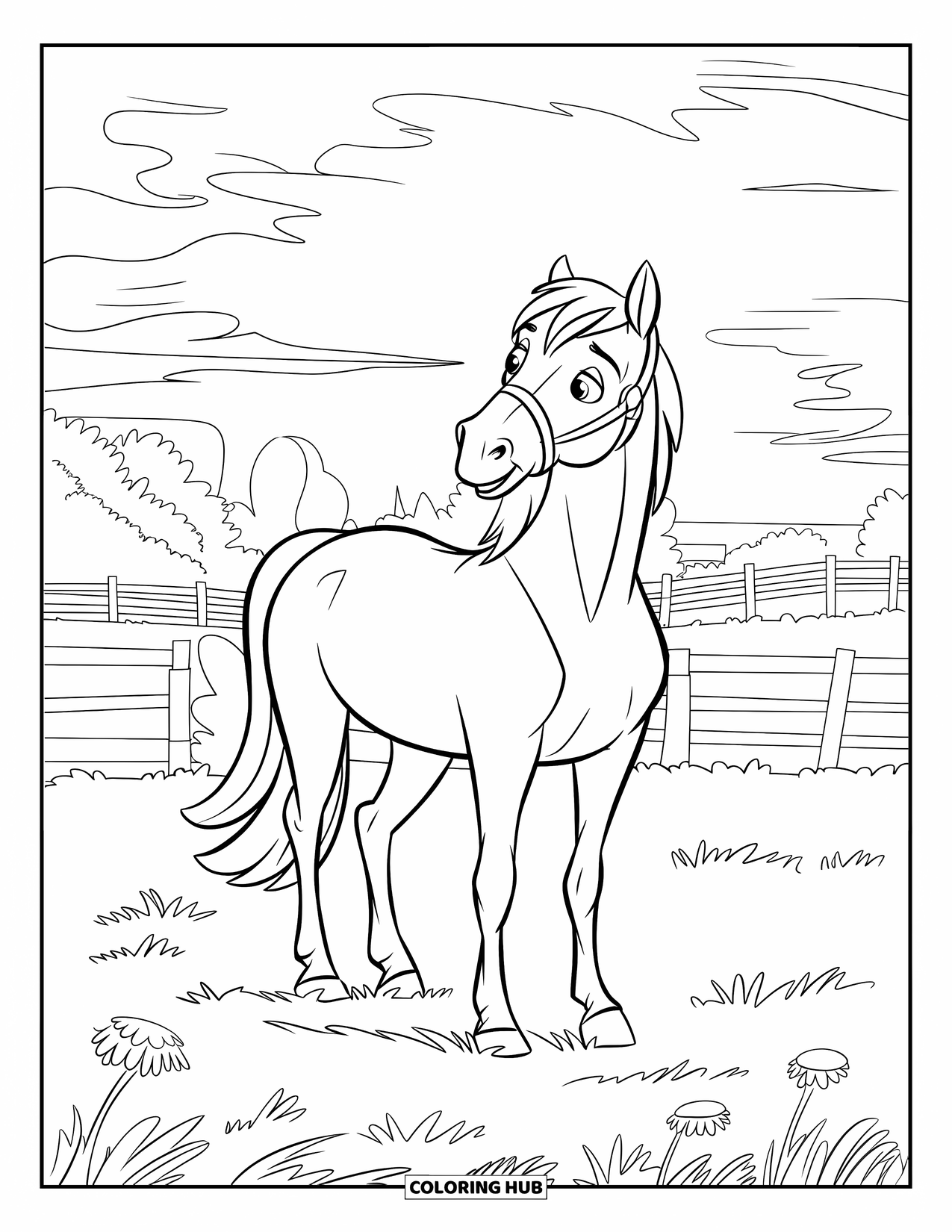 Desen de colorat cu apus de soare pentru copii: Un cal blând într-un câmp privește spre apus, cu copaci în spate