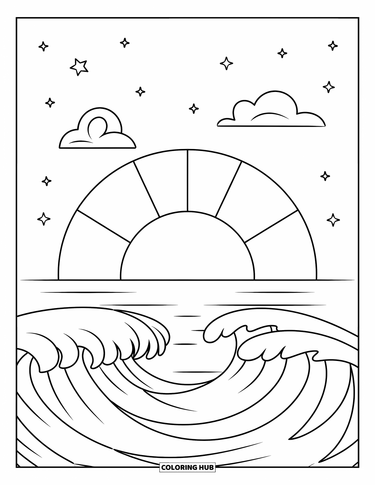 Desen de colorat cu apus de soare pentru copii: Un soare strălucitor apune peste valurile oceanului, cu nori și stele în apropiere