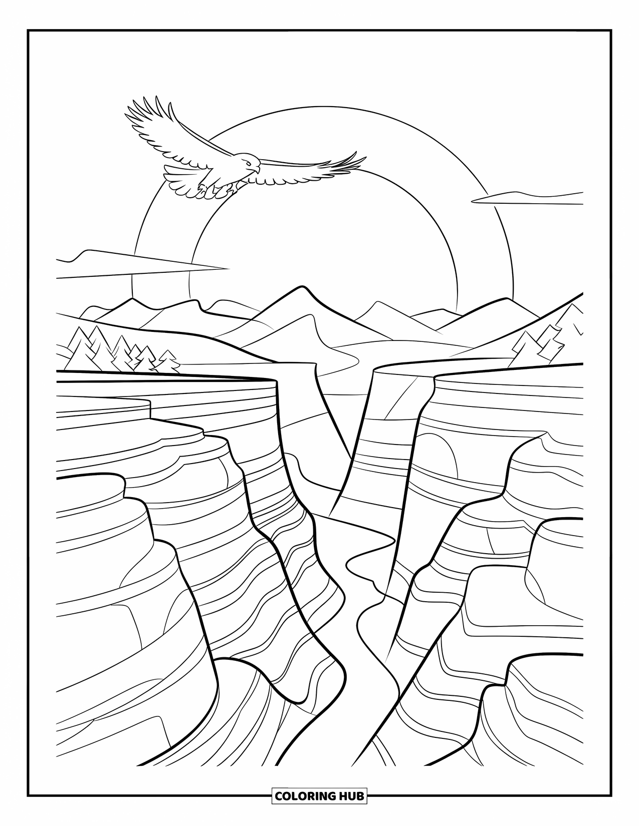 Desen de colorat cu apus de soare pentru copii: Un șoim planează peste stâncile canionului în timpul unui apus strălucitor