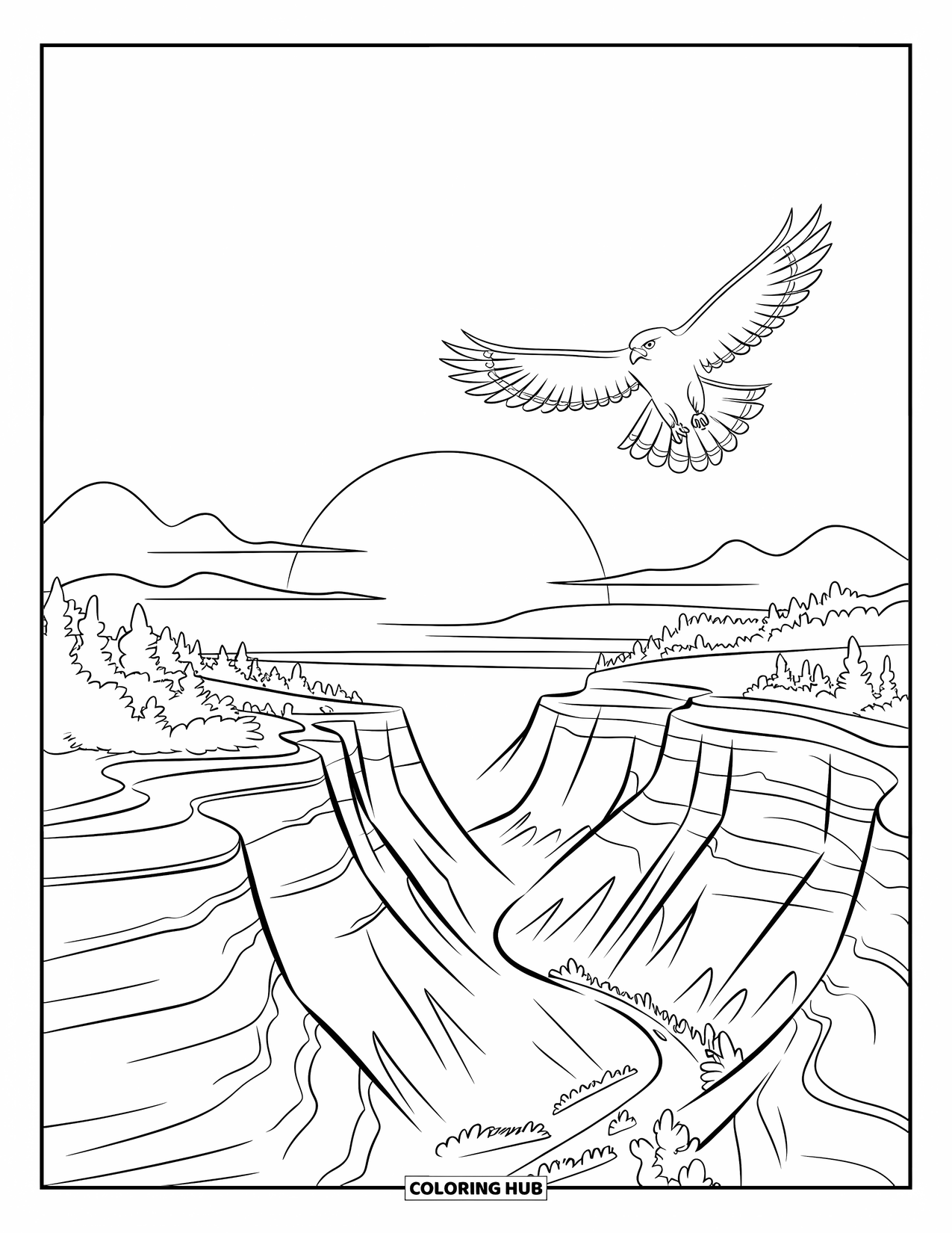 Desen de colorat cu apus de soare pentru copii: Un șoim zboară deasupra stâncilor canionului, în timp ce soarele apune