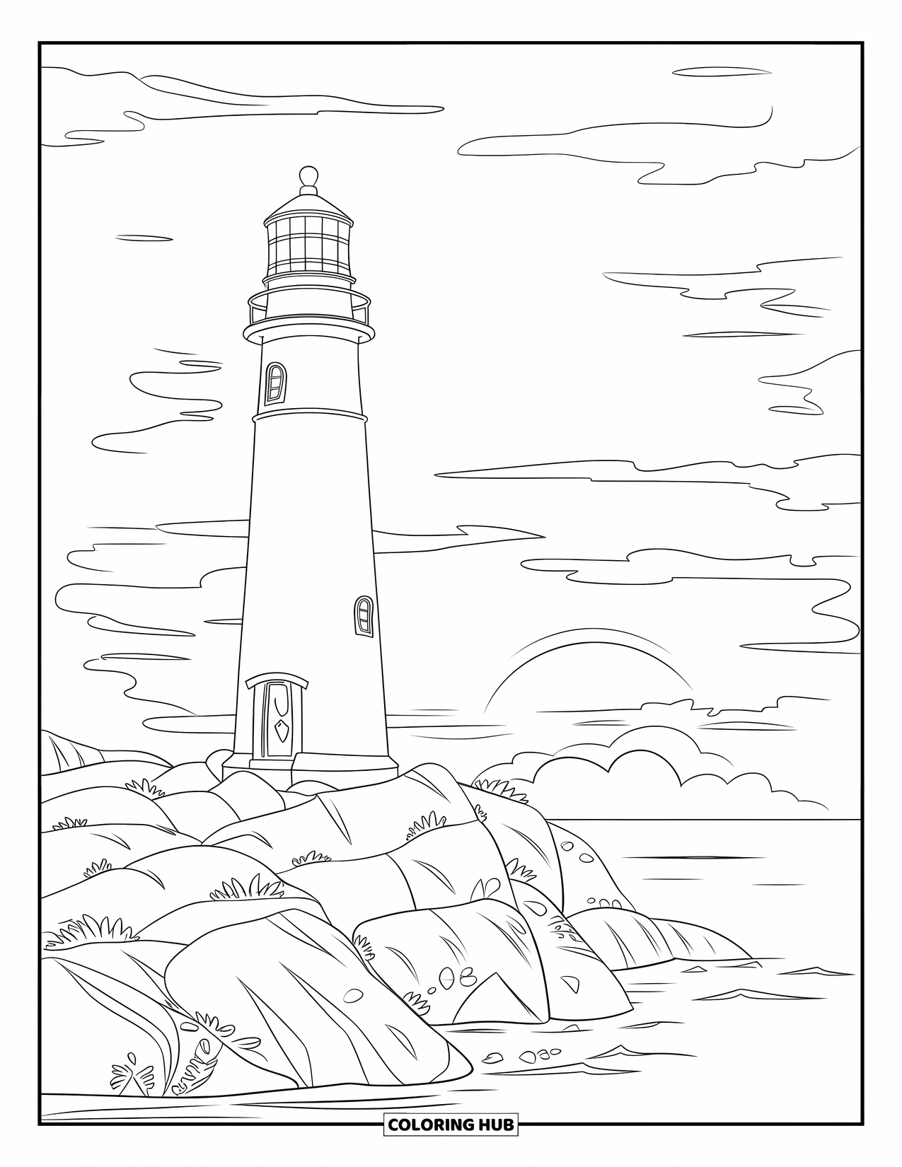 Desen de colorat cu apus de soare pentru copii: Un far pe stânci privește spre mare, în timp ce soarele începe să apună