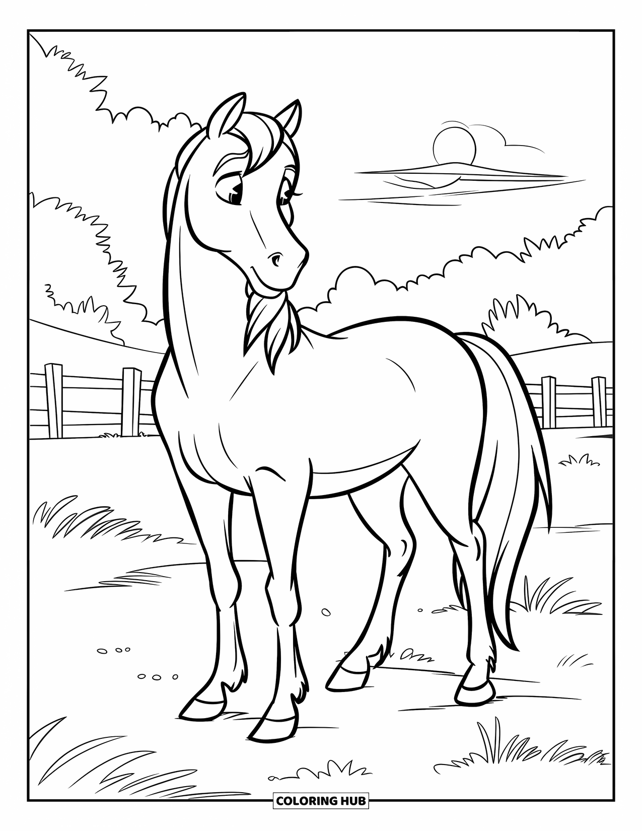 Desen de colorat cu apus de soare pentru copii: Un cal pașnic stă într-un câmp, înconjurat de garduri și ceruri calde
