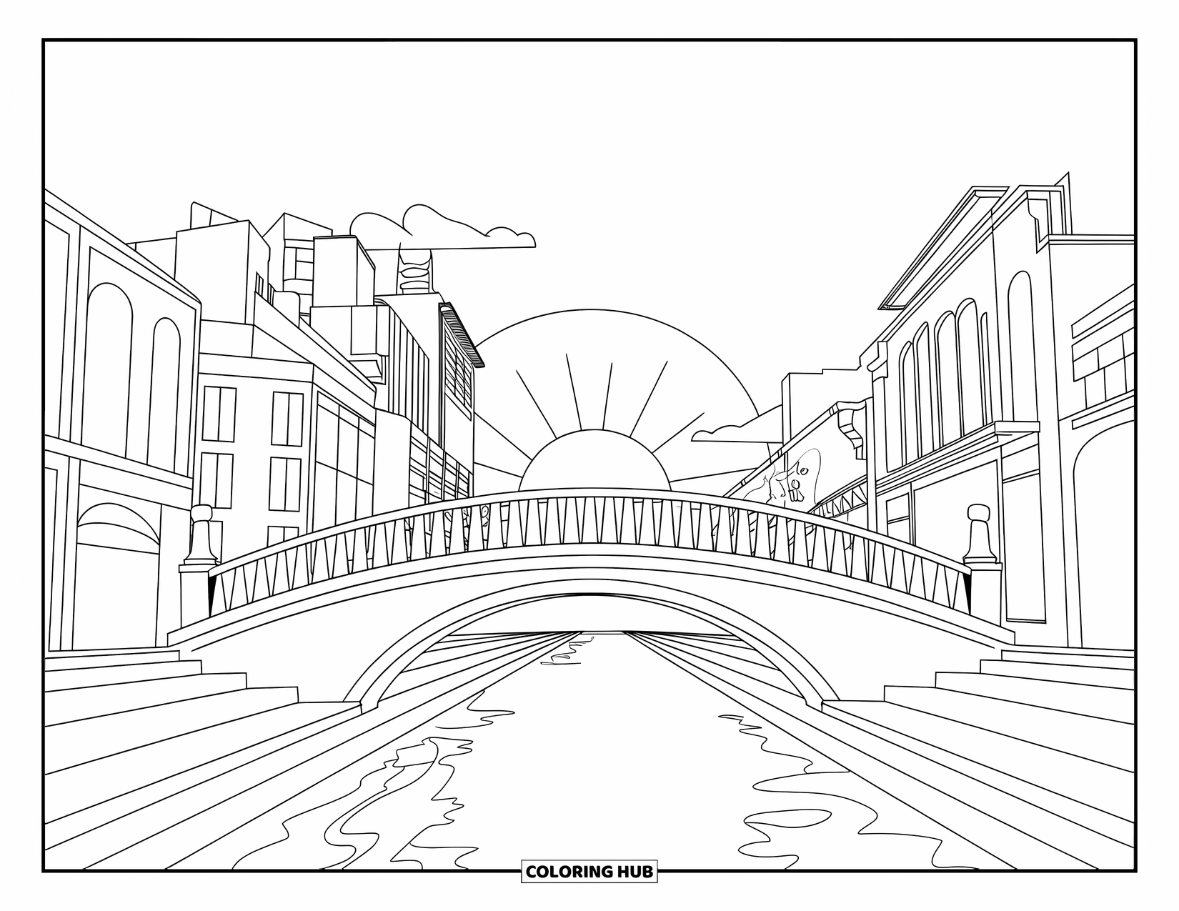 Desen de colorat cu apus de soare pentru copii: Un pod liniștit se arcuiește peste un râu, cu soarele apunând în spatele clădirilor