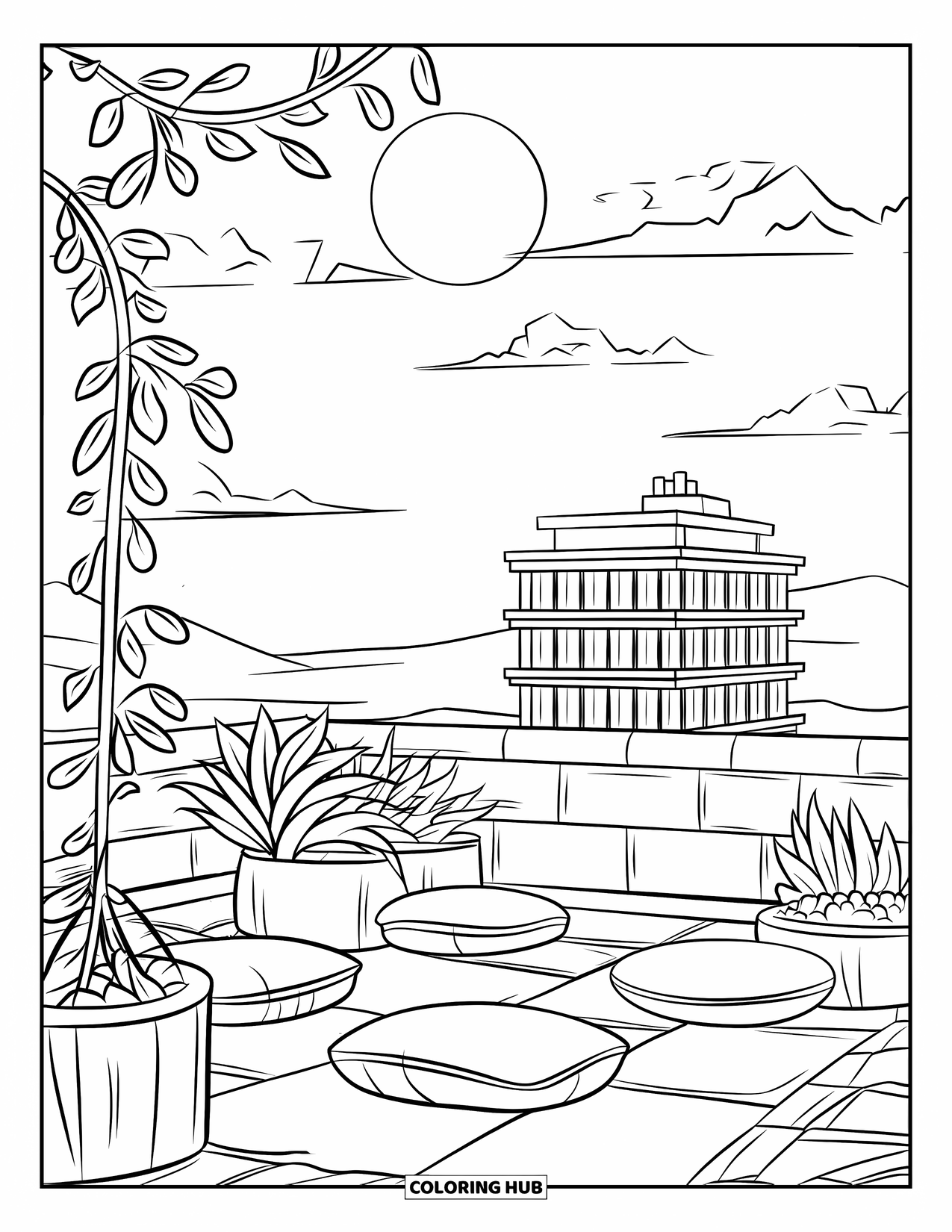 Desen de colorat cu apus de soare pentru copii: O grădină pe acoperiș cu plante cu frunze se odihnește sub un cer blând de apus