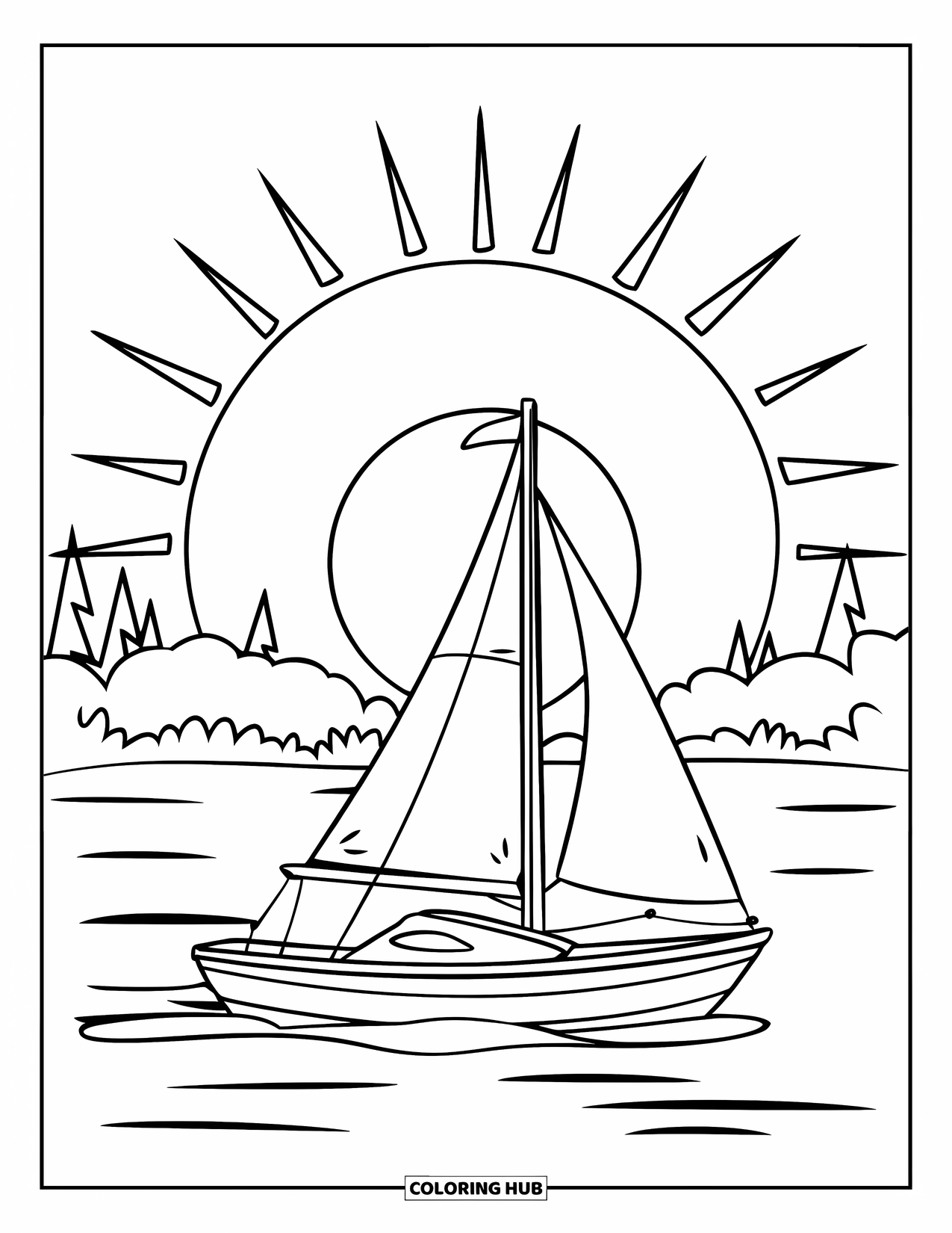 Desen de colorat cu apus de soare pentru copii: O barcă cu pânze plutește pe ape calme, cu apusul strălucind în spate