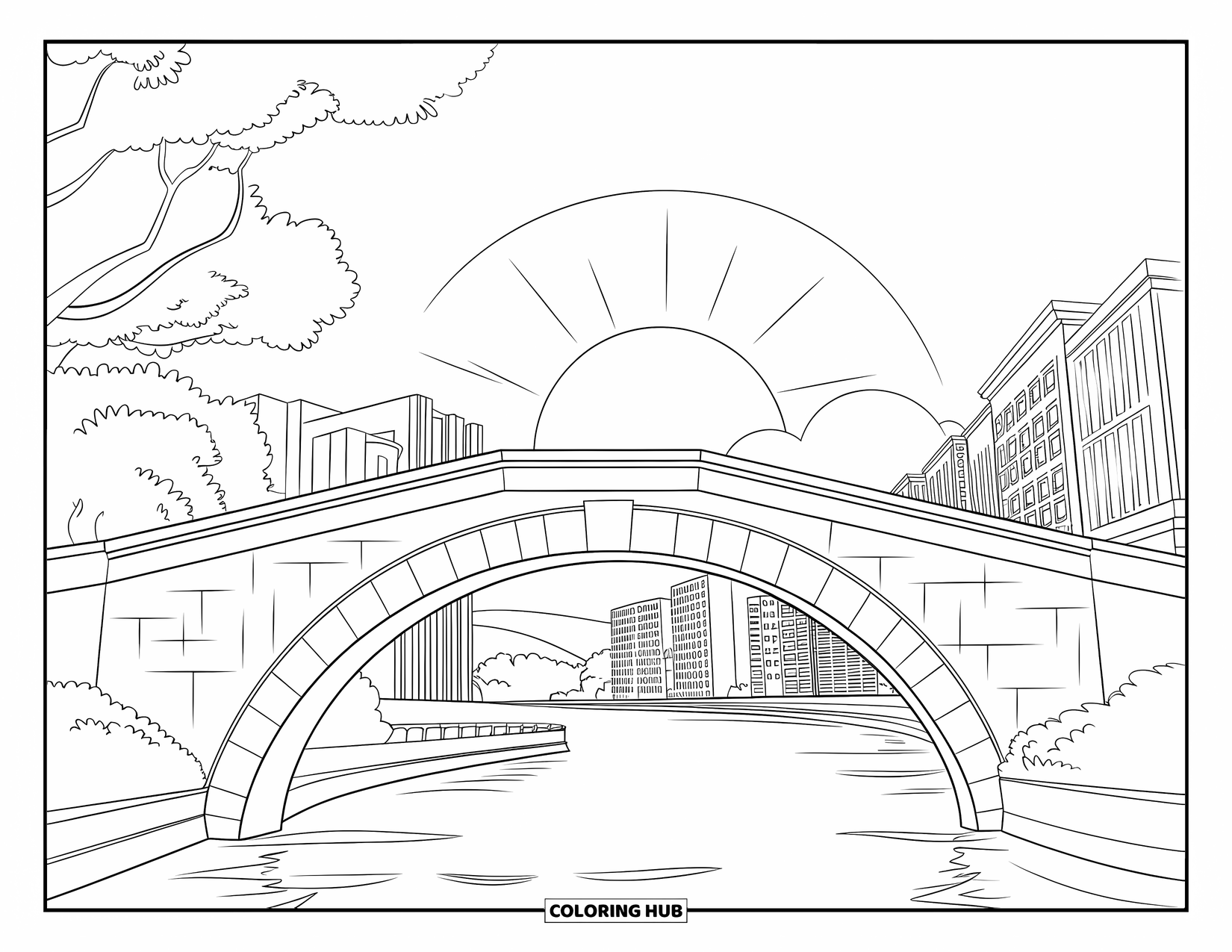 Desen de colorat cu apus de soare pentru copii: Un pod de piatră se întinde peste ape calme sub un cer de apus al orașului