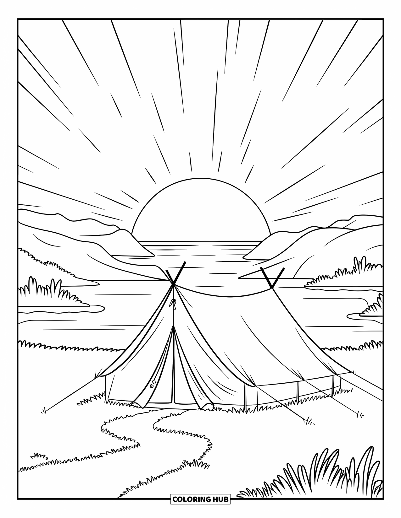 Desen de colorat cu apus de soare pentru copii: Un cort lângă un lac strălucește ușor în timp ce soarele apune în spatele dealurilor