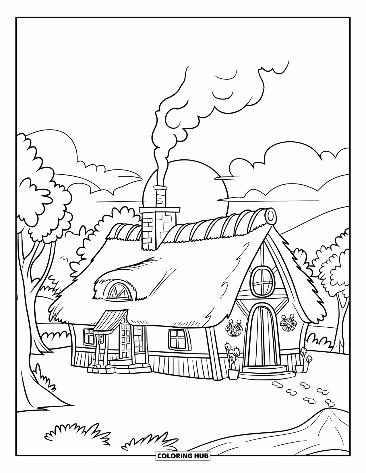 Desen de colorat cu apus de soare pentru copii: O căsuță caldă stă sub apus, cu copaci și dealuri în jur