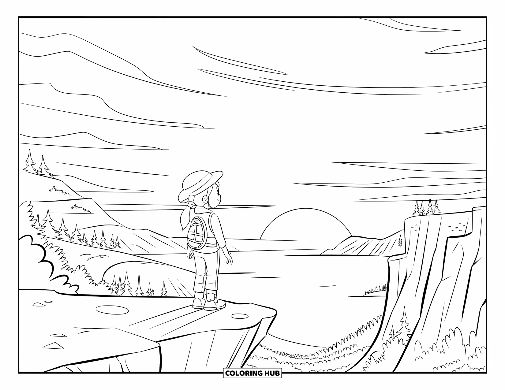 Desen de colorat cu apus de soare pentru copii: Un tânăr drumeț privește apusul peste dealuri, copaci și lacuri