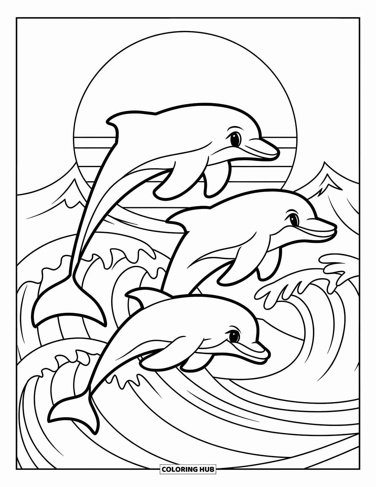 Desen de colorat cu apus de soare pentru copii: Delfinii sar prin valuri în timp ce soarele apune în spatele lor