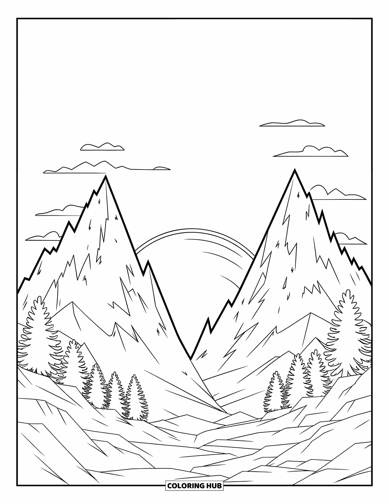 Desen de colorat cu apus de soare pentru copii: Munți zimțați se ridică sub un apus strălucitor, cu zăpadă și copaci dedesubt