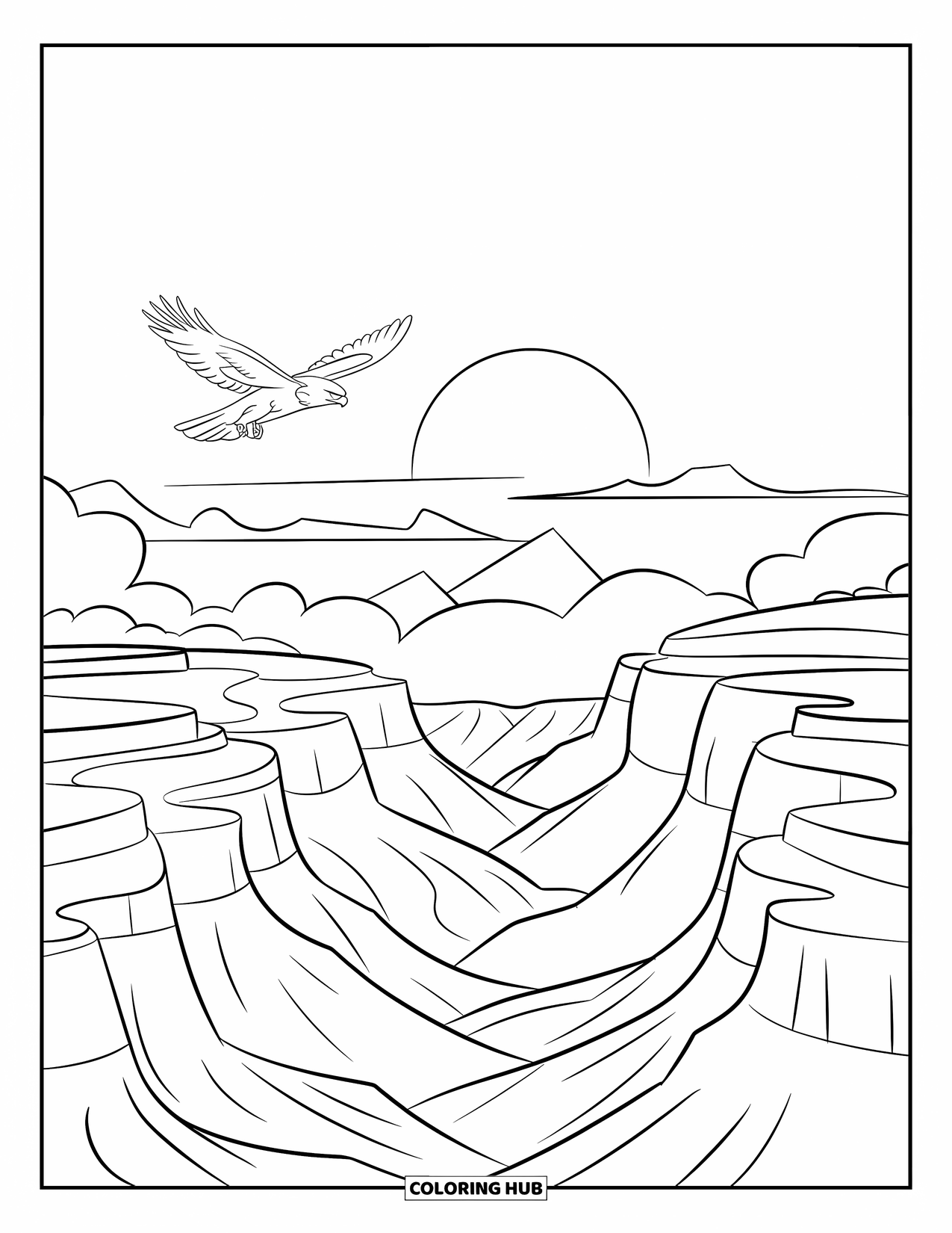 Desen de colorat cu apus de soare pentru copii: Stâncile stratificate ale canionului strălucesc în timp ce un șoim zboară prin cerul apusului