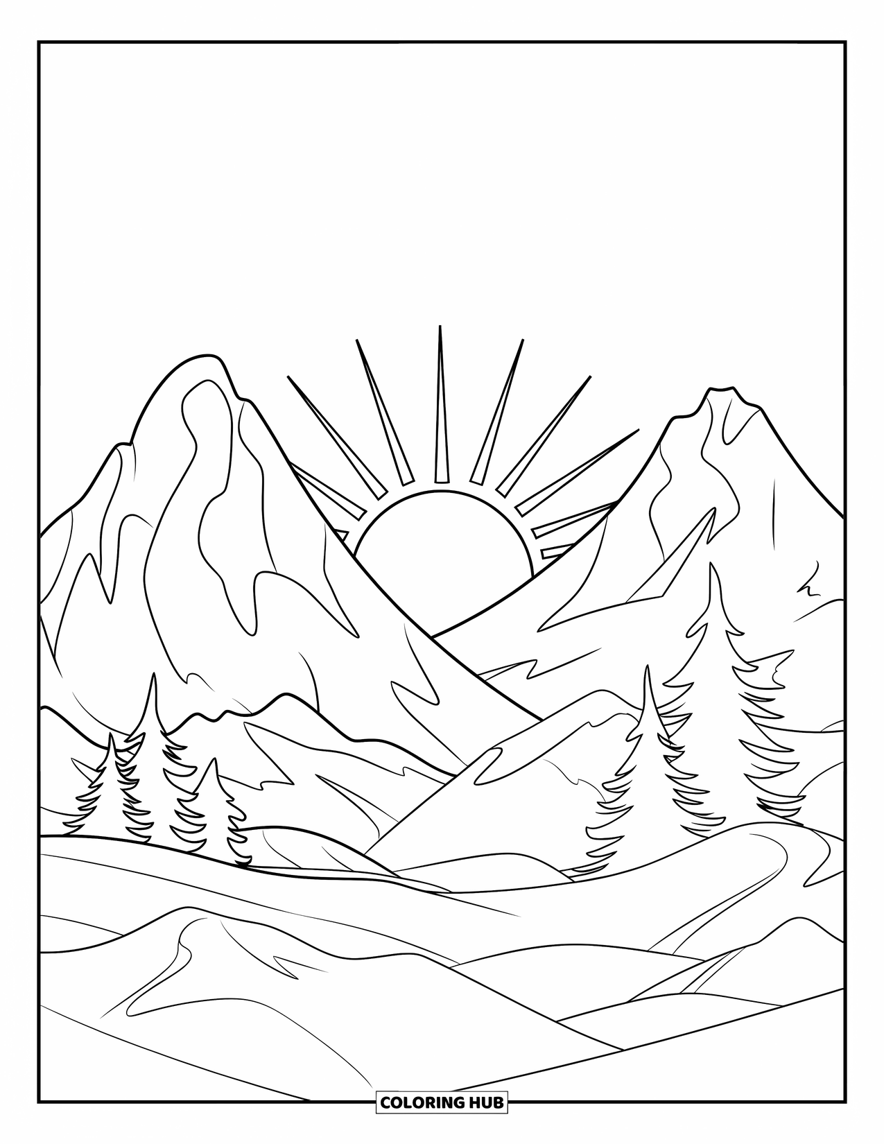 Desen de colorat cu apus de soare pentru copii: Soarele apune între munți înalți, cu pini la baza lor