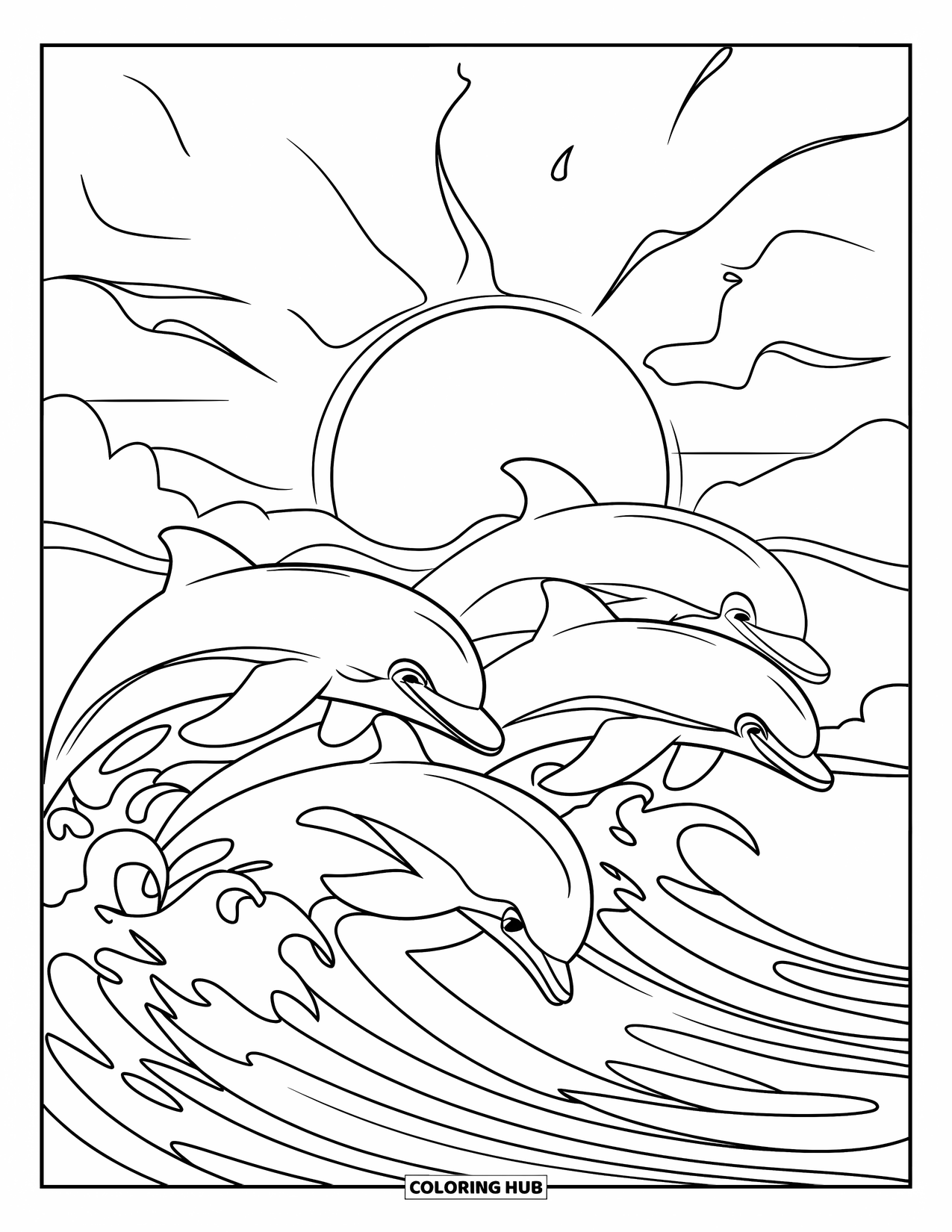 Desen de colorat cu apus de soare pentru copii: Trei delfini sar deasupra valurilor oceanului, în timp ce soarele coboară