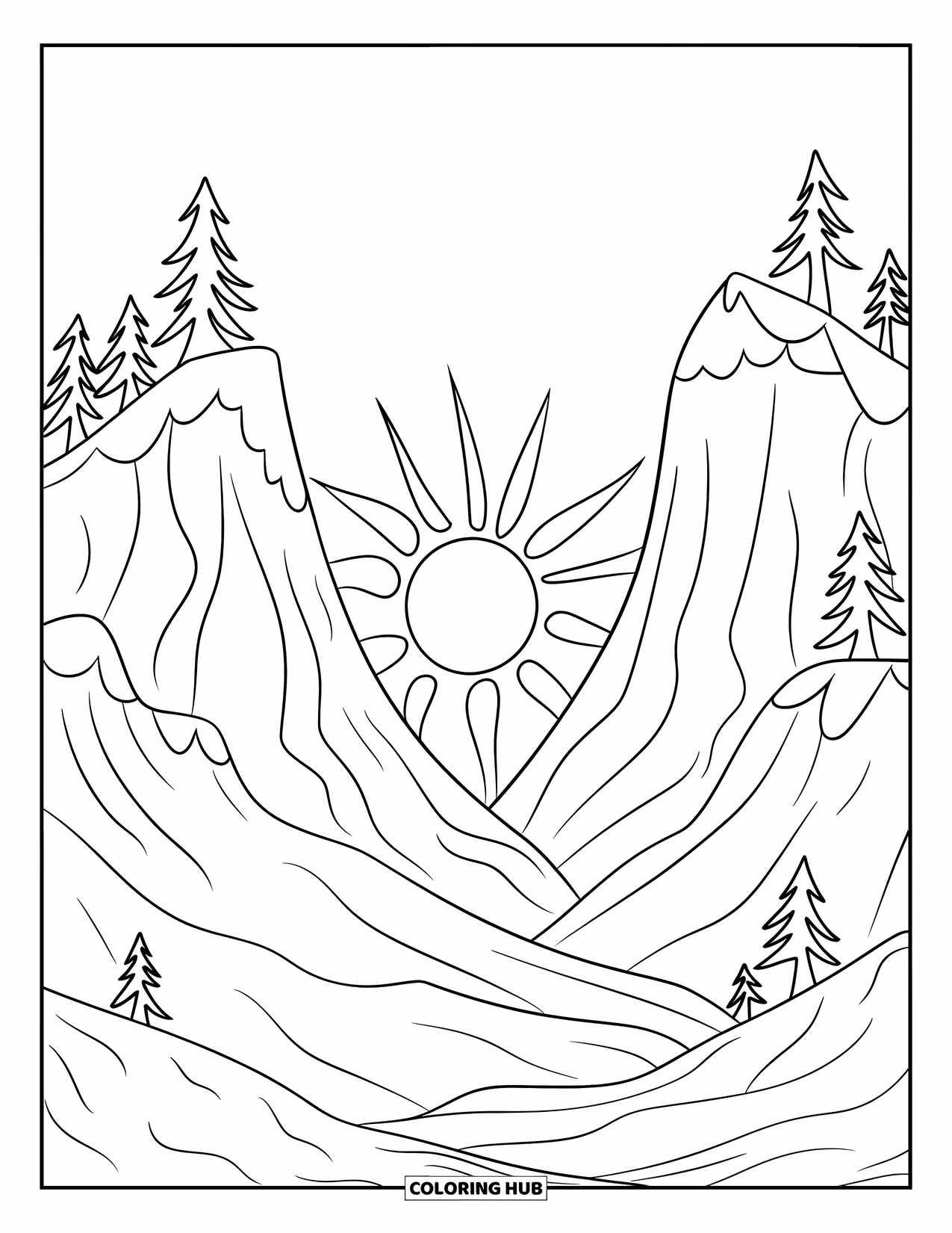 Desen de colorat cu apus de soare pentru copii: Doi munți mari încadrează soarele zâmbitor în timp ce apune între ei