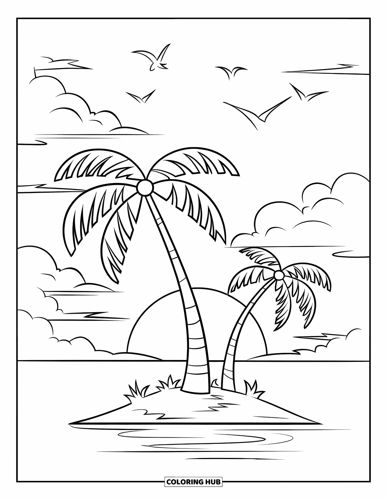 Desen de colorat cu apus de soare pentru copii: Doi palmieri stau înalți pe o insulă, în timp ce păsări zboară pe cerul apusului