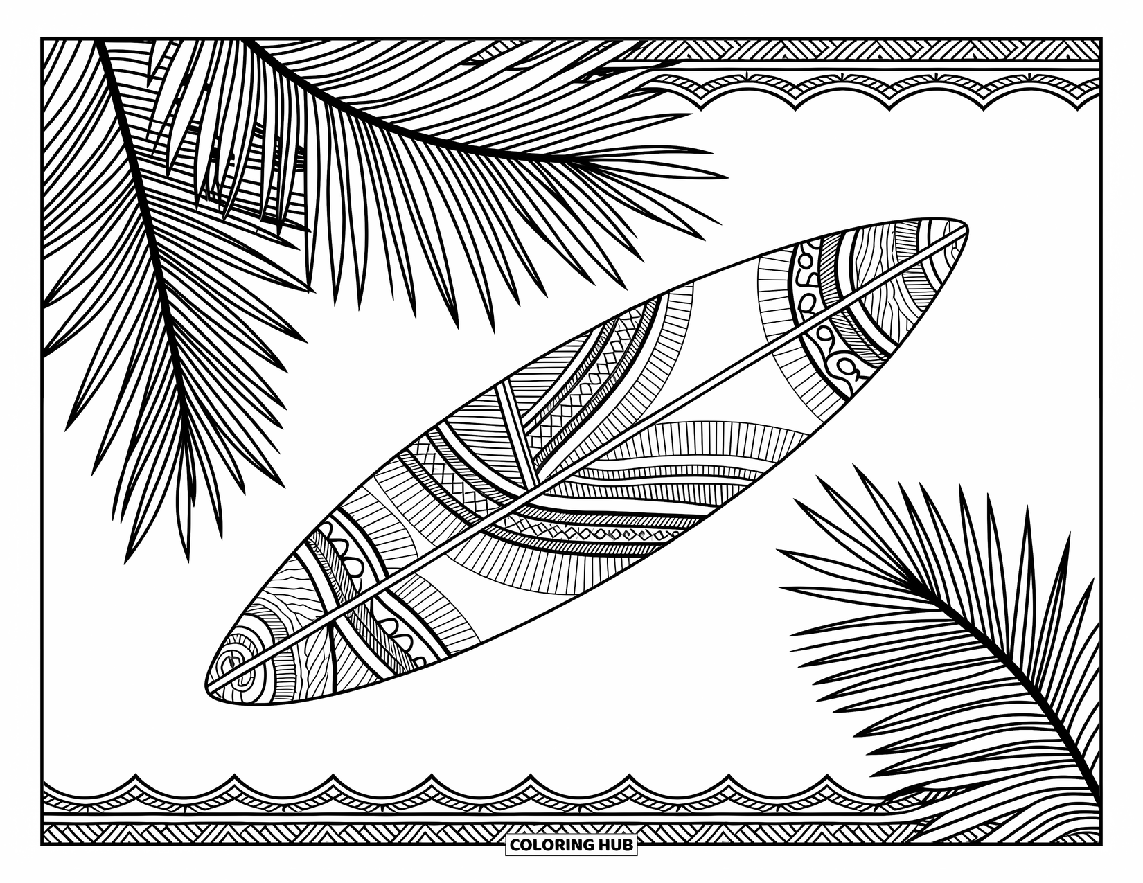 Surfplank Kleurplaat voor Volwassenen: Een surfplank versierd met ingewikkelde tribale patronen wordt omlijst door palmbladeren