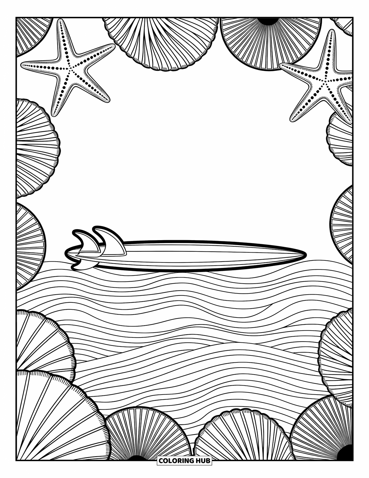 Surfplank Kleurplaat voor Volwassenen: Een surfplank versierd met mandala's rust bij palmbomen met ingewikkelde bladeren