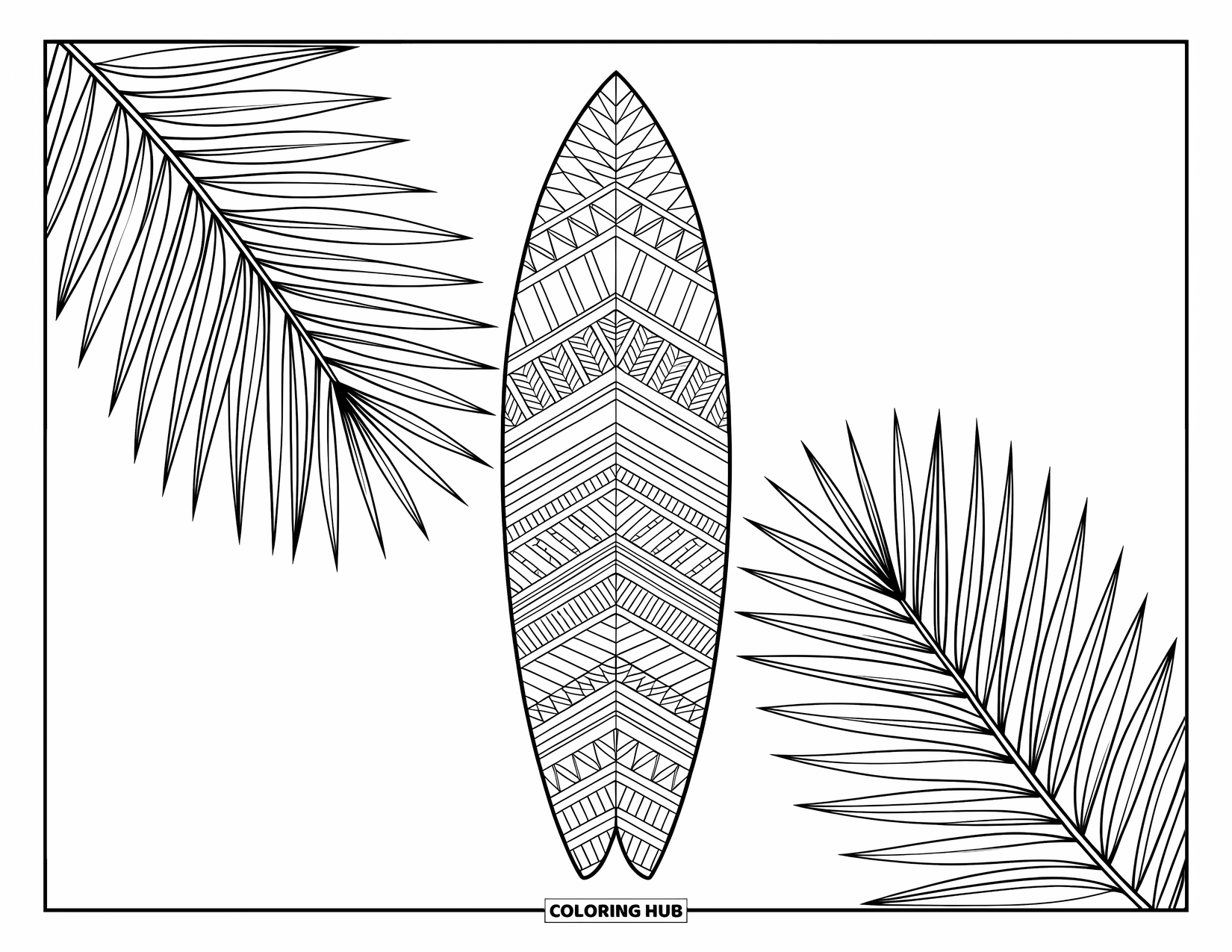 Surfplank Kleurplaat voor Volwassenen: Een surfplank versierd met Polynesisch-geïnspireerde patronen staat bij palmbomen