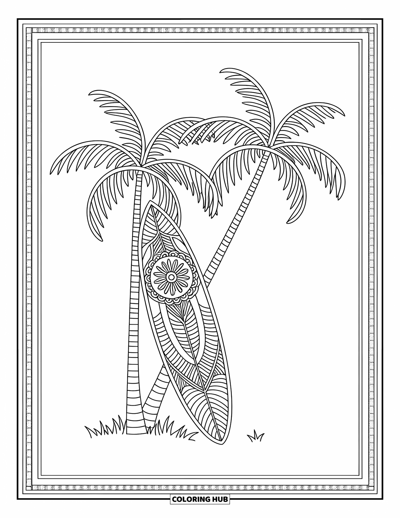 Surfplank Kleurplaat voor Volwassenen: Een surfplank versierd met tribale patronen staat te midden van tropisch gebladerte