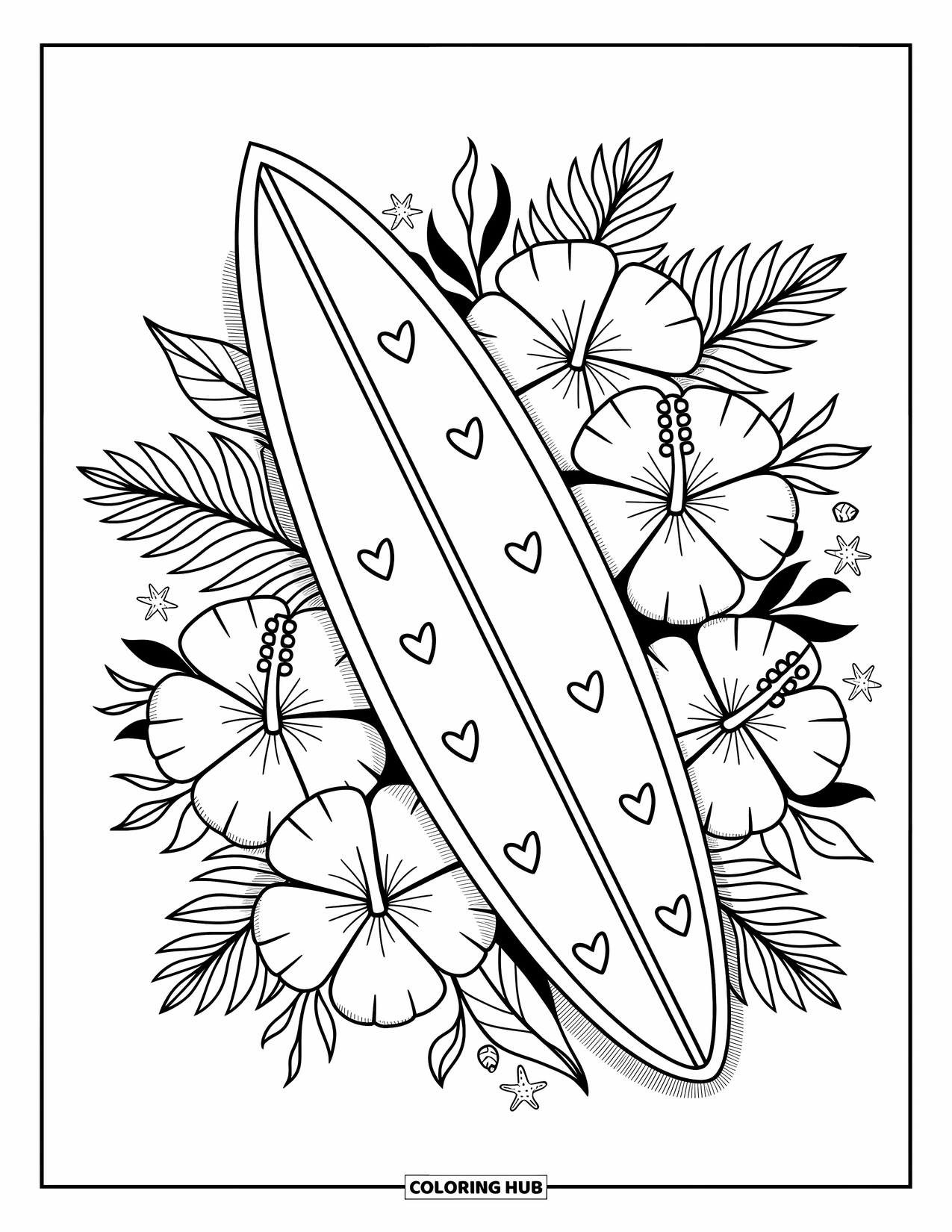 Surfplank Kleurplaat voor Volwassenen: Een surfplank versierd met golfpatronen drijft tussen tropische vissen en schildpadden