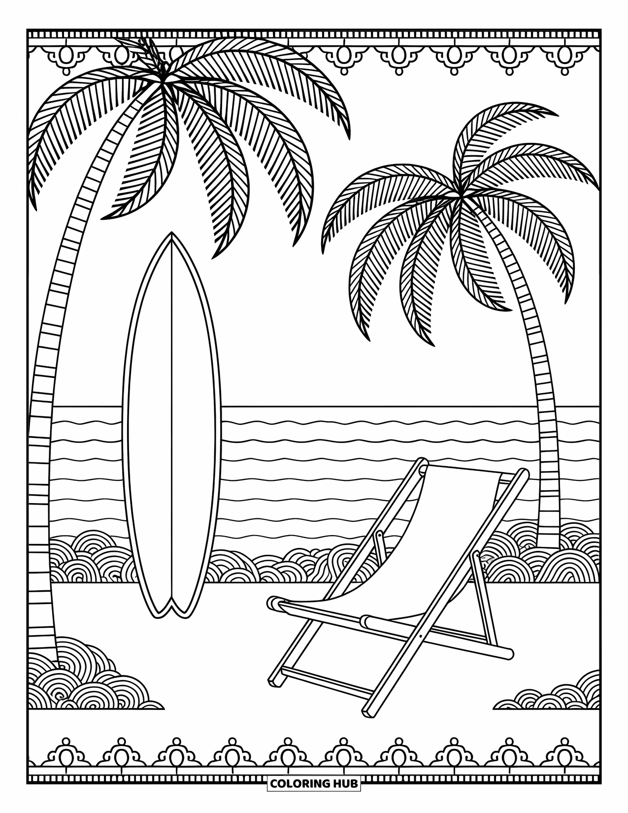 Surfplank Kleurplaat voor Volwassenen: Een surfplank rust op golven omringd door zeesterren en schelpen