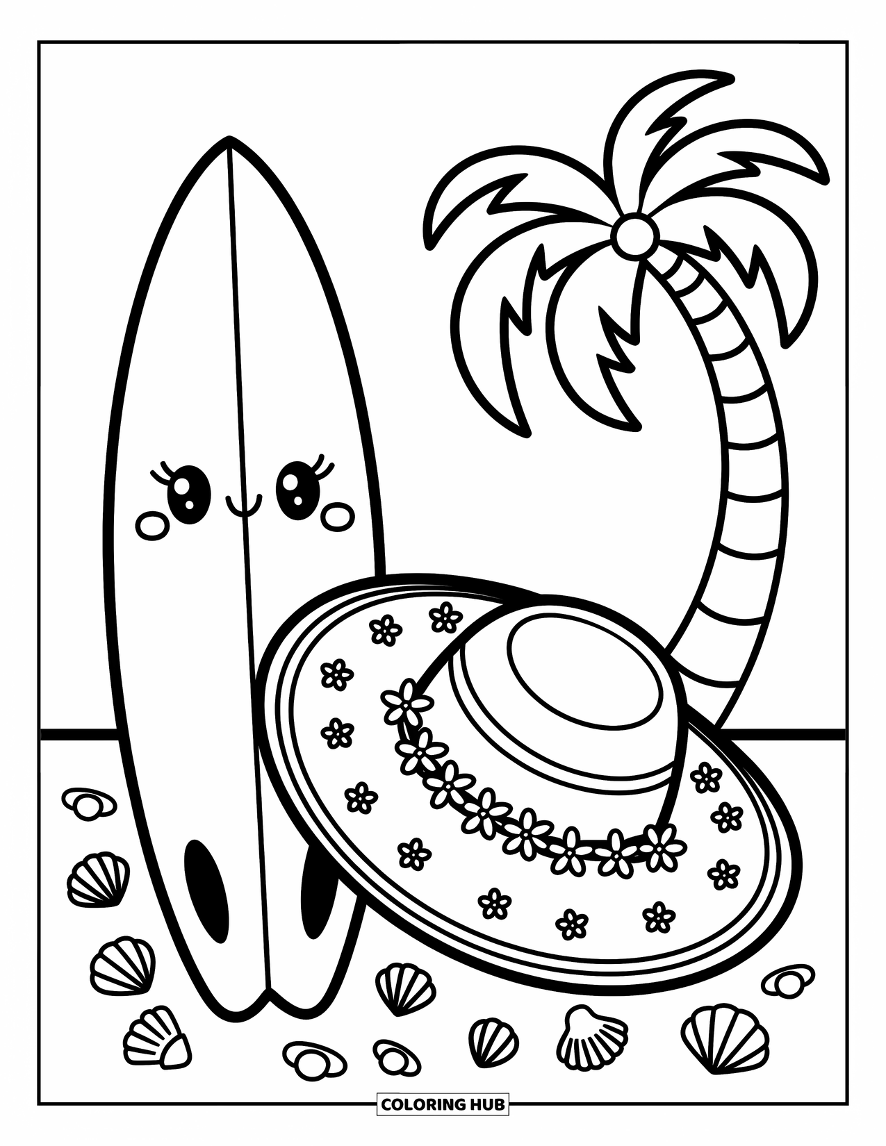 Surfplank Kleurplaat voor Volwassenen: Een surfplank rijdt op zachte golven met vrolijke dolfijnen en schelpen in de buurt