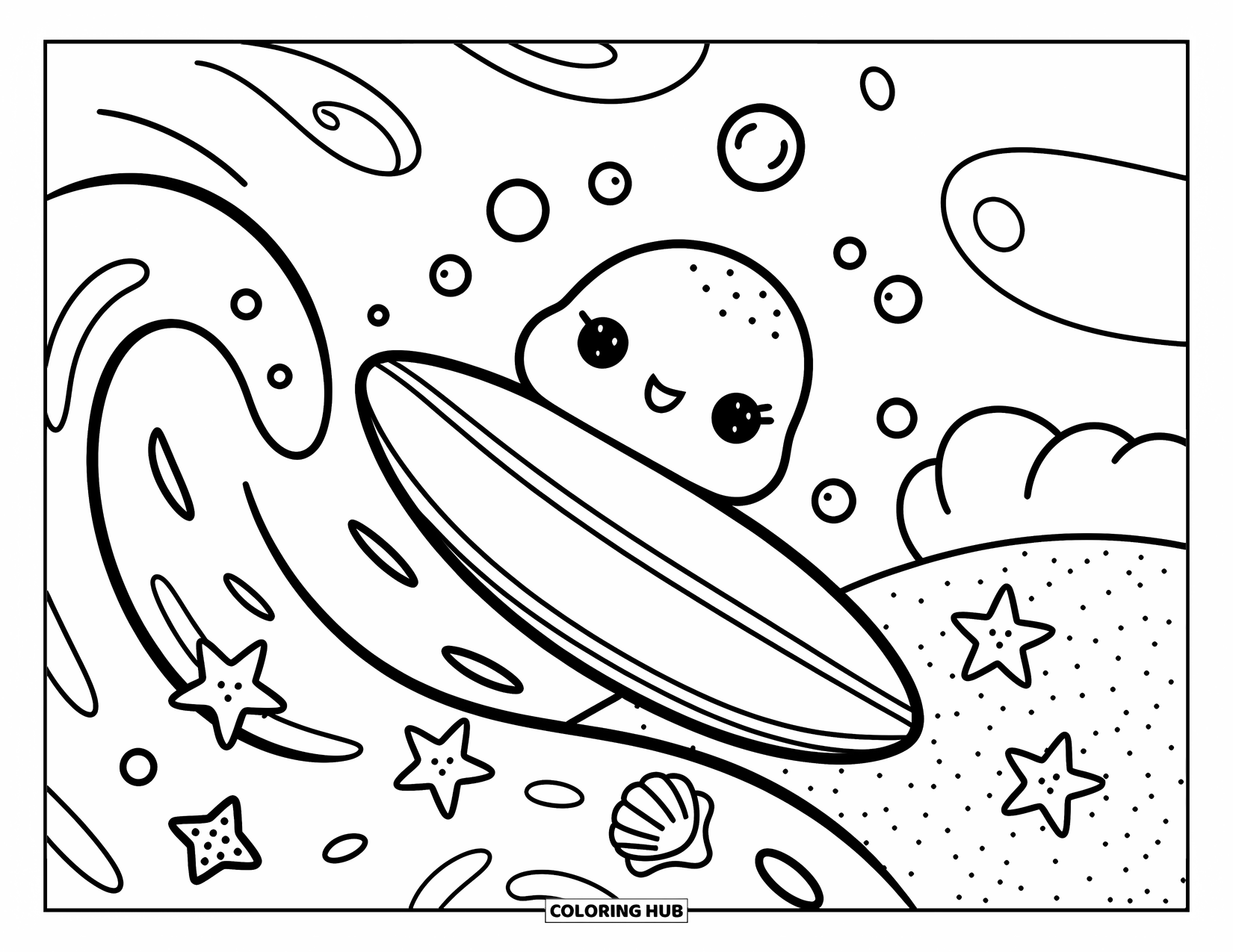 Surfplank Kleurplaat voor Volwassenen: Een surfplank rijdt op golven met kawaii zeeschildpadden en speelse zeesterren in de buurt