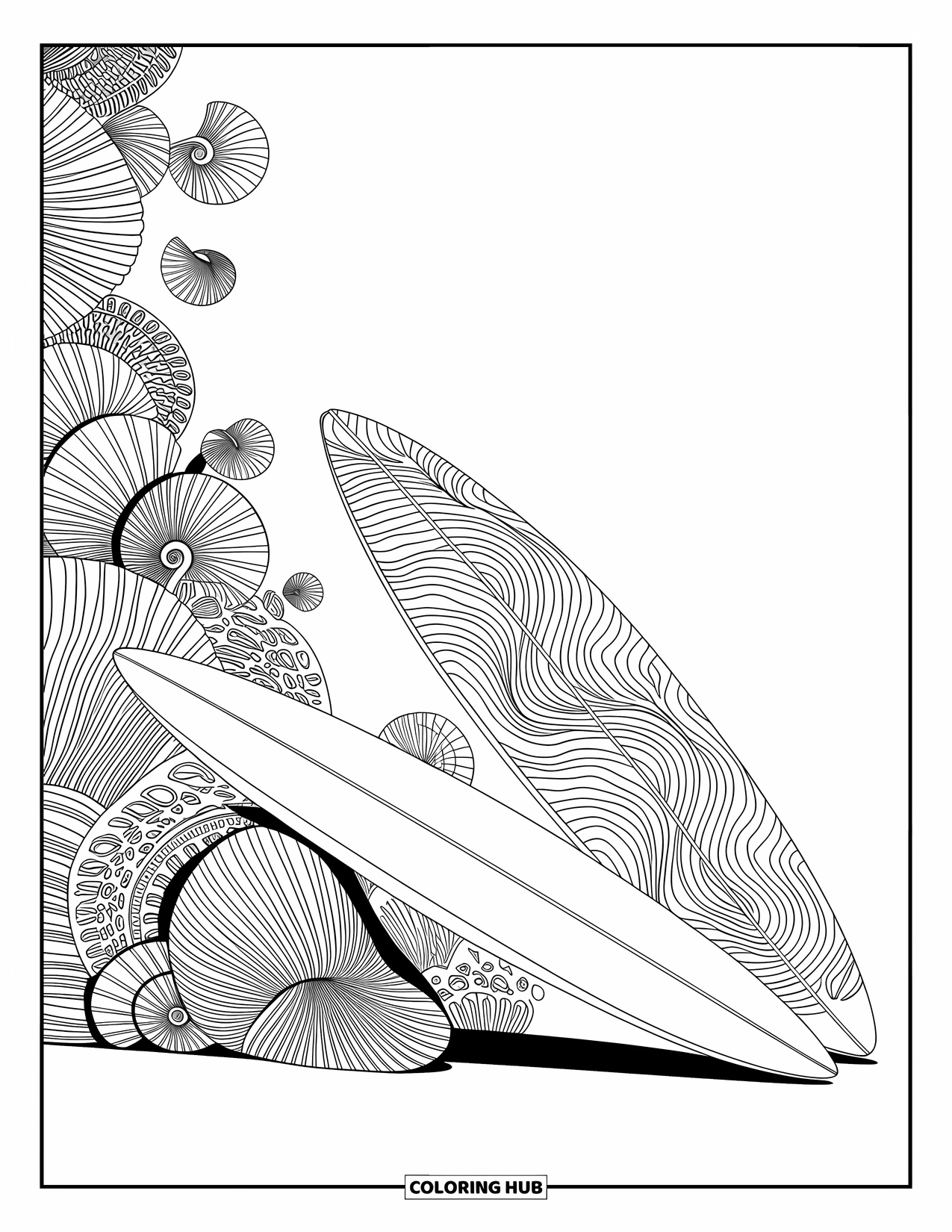 Surfplank Kleurplaat voor Volwassenen: Een surfplank staat tegen een oceaanhorizon met een strandstoel en palmbomen